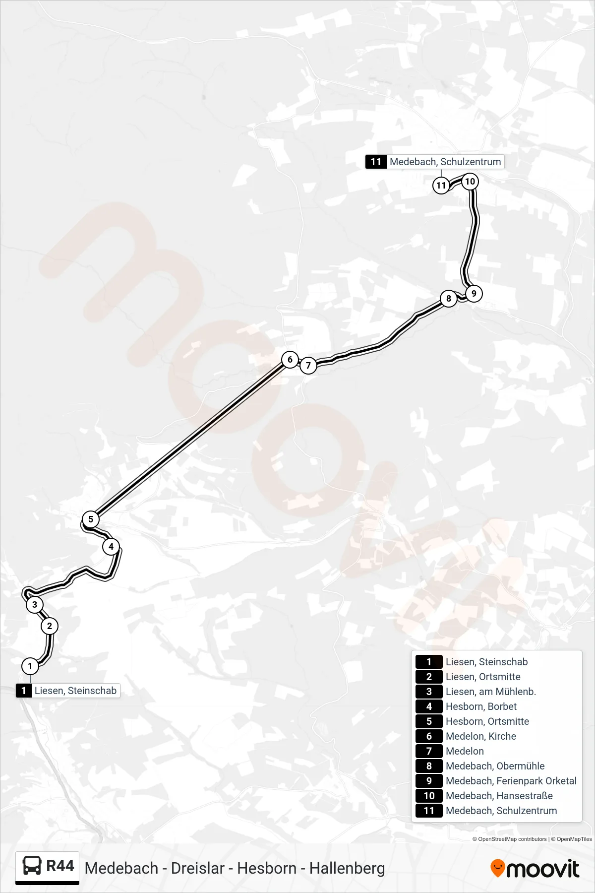 R44 bus Line (Medebach, Schulzentrum) route and stops on a map