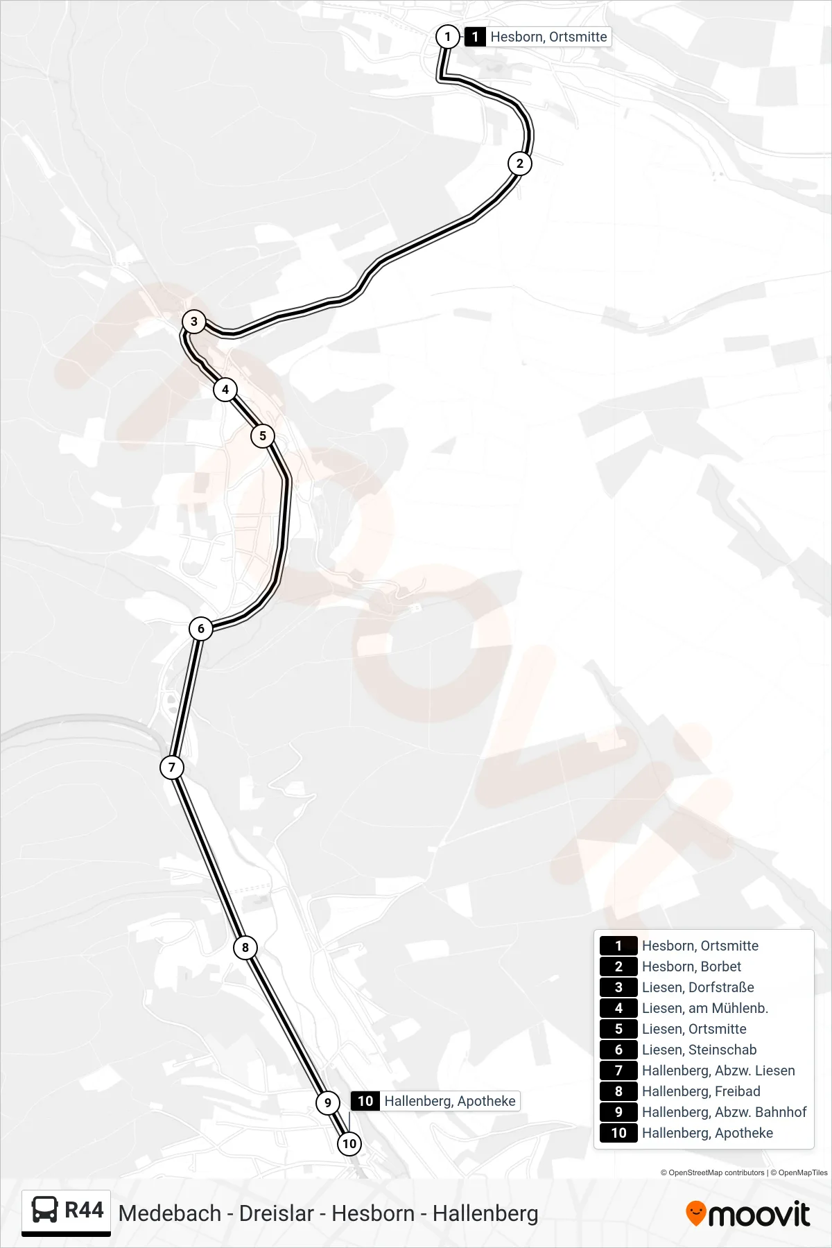 R44 bus Line (Hallenberg, Apotheke) route and stops on a map
