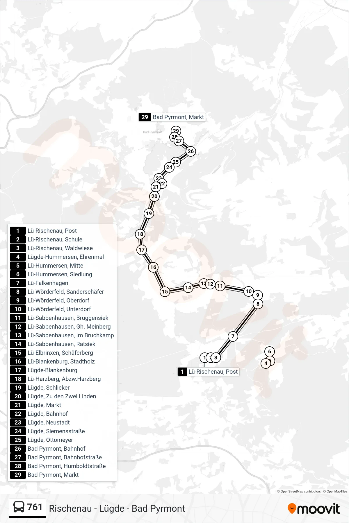 761 bus Line (Bad Pyrmont) route and stops on a map