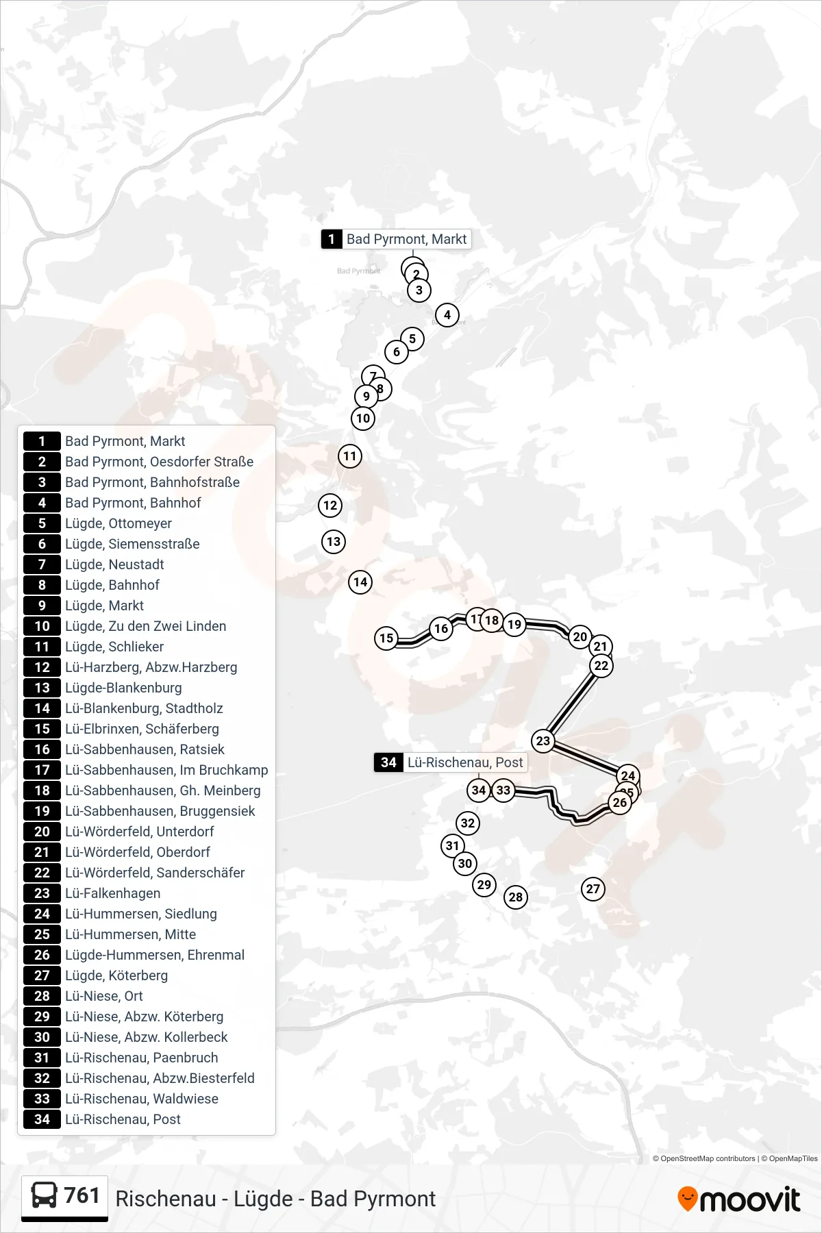 761 bus Line (Rischenau) route and stops on a map