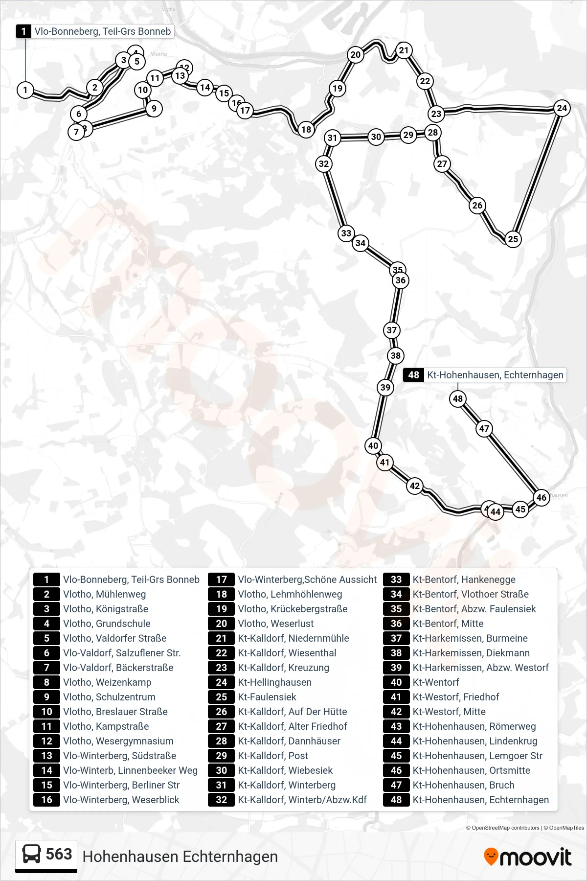 563 bus Line (Hohenhausen Echternhagen) route and stops on a map