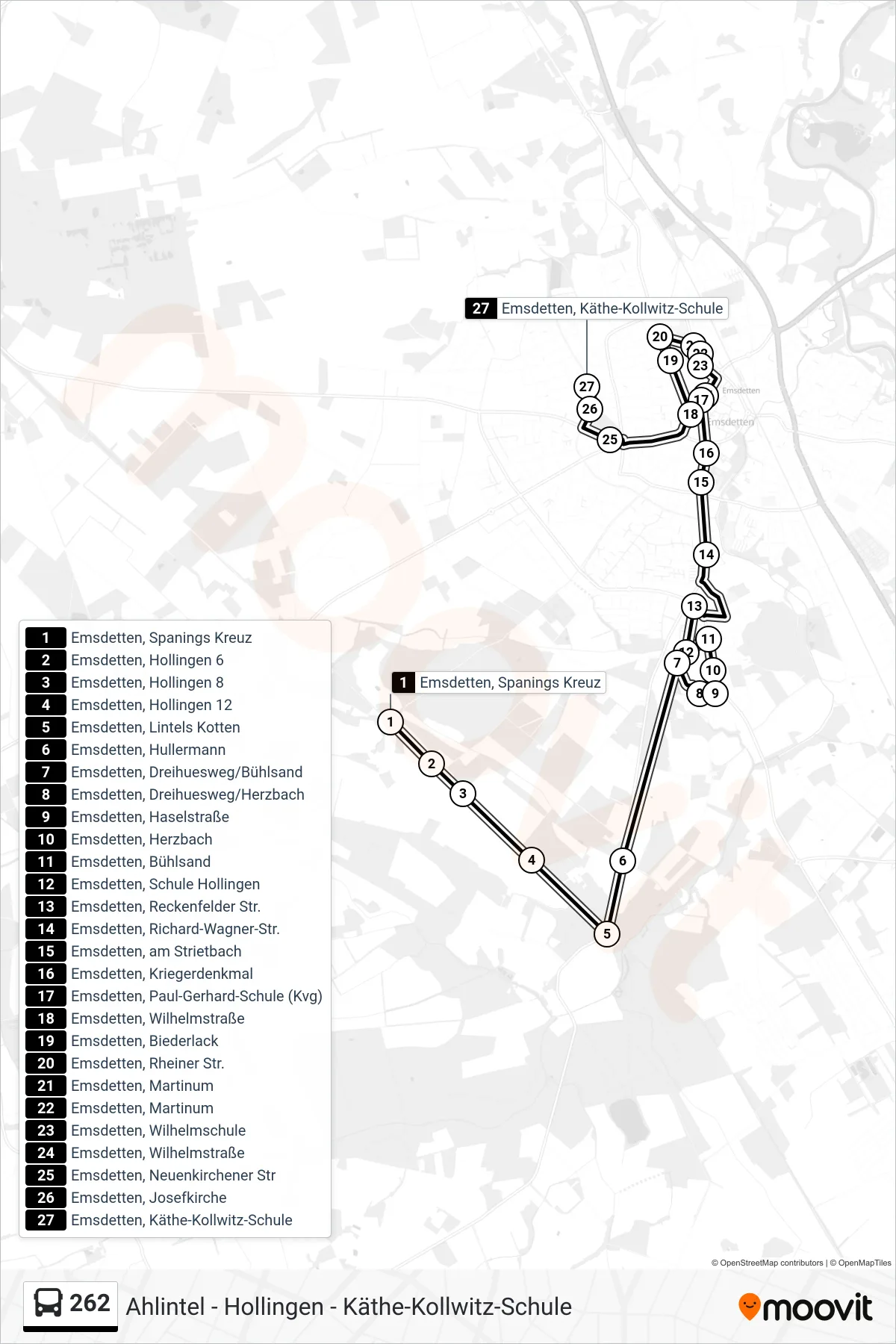 262 bus Line (Emsdetten, Käthe-Kollwitz-Schule) route and stops on a map