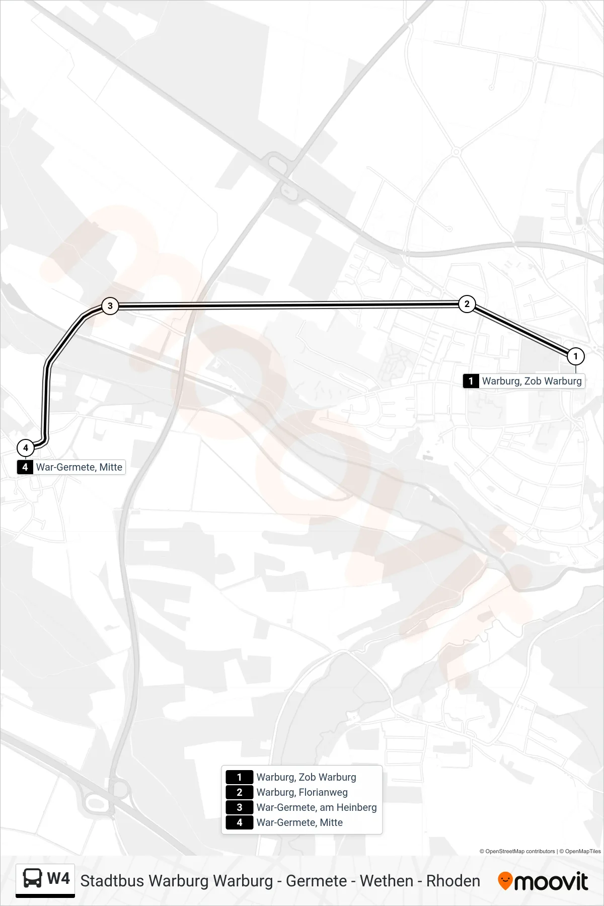 Linie W4 (Bus) Richtung War-Germete, Mitte: Route und Haltestellen auf der Karte