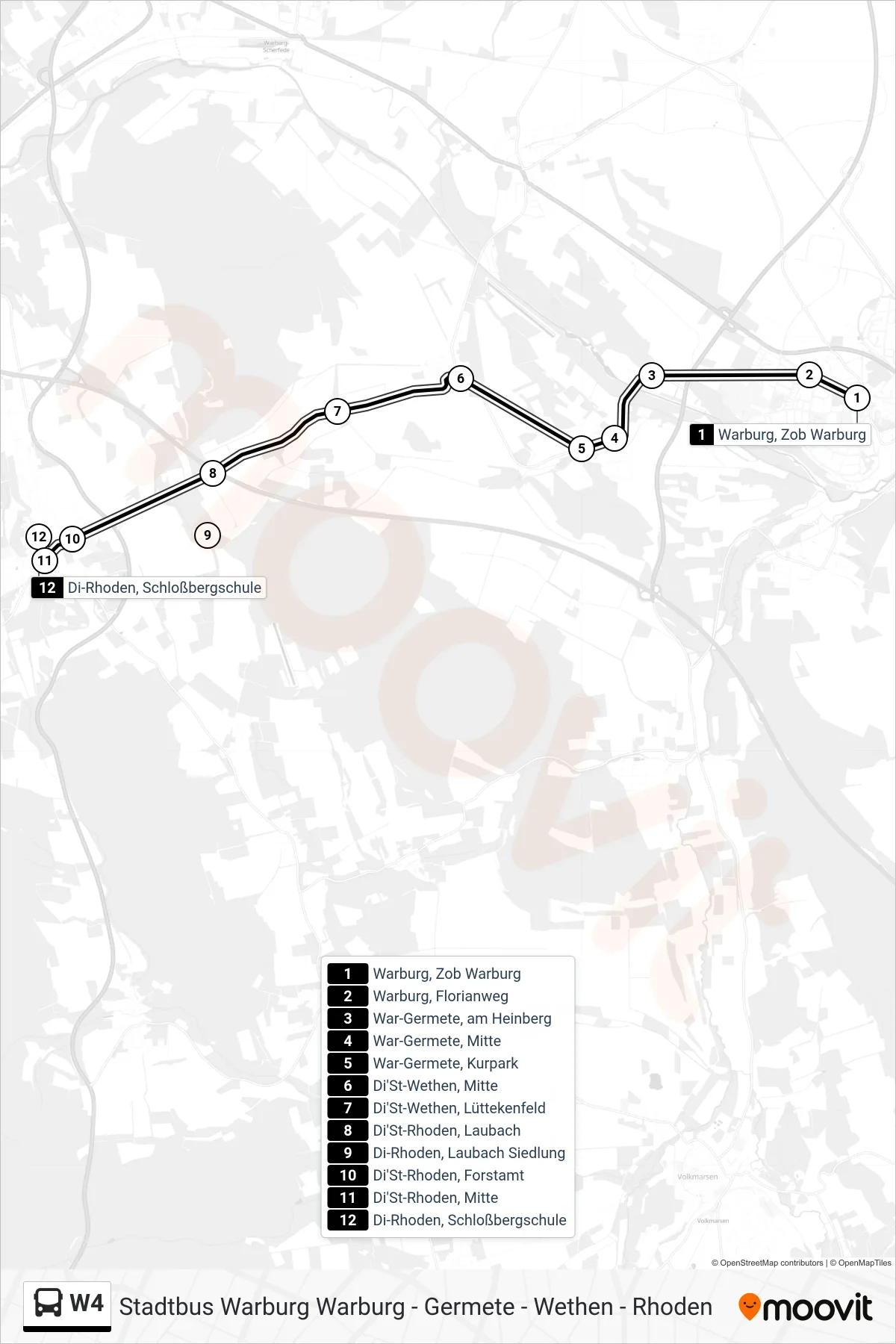 W4 bus Line (Di-Rhoden, Schloßbergschule) route and stops on a map