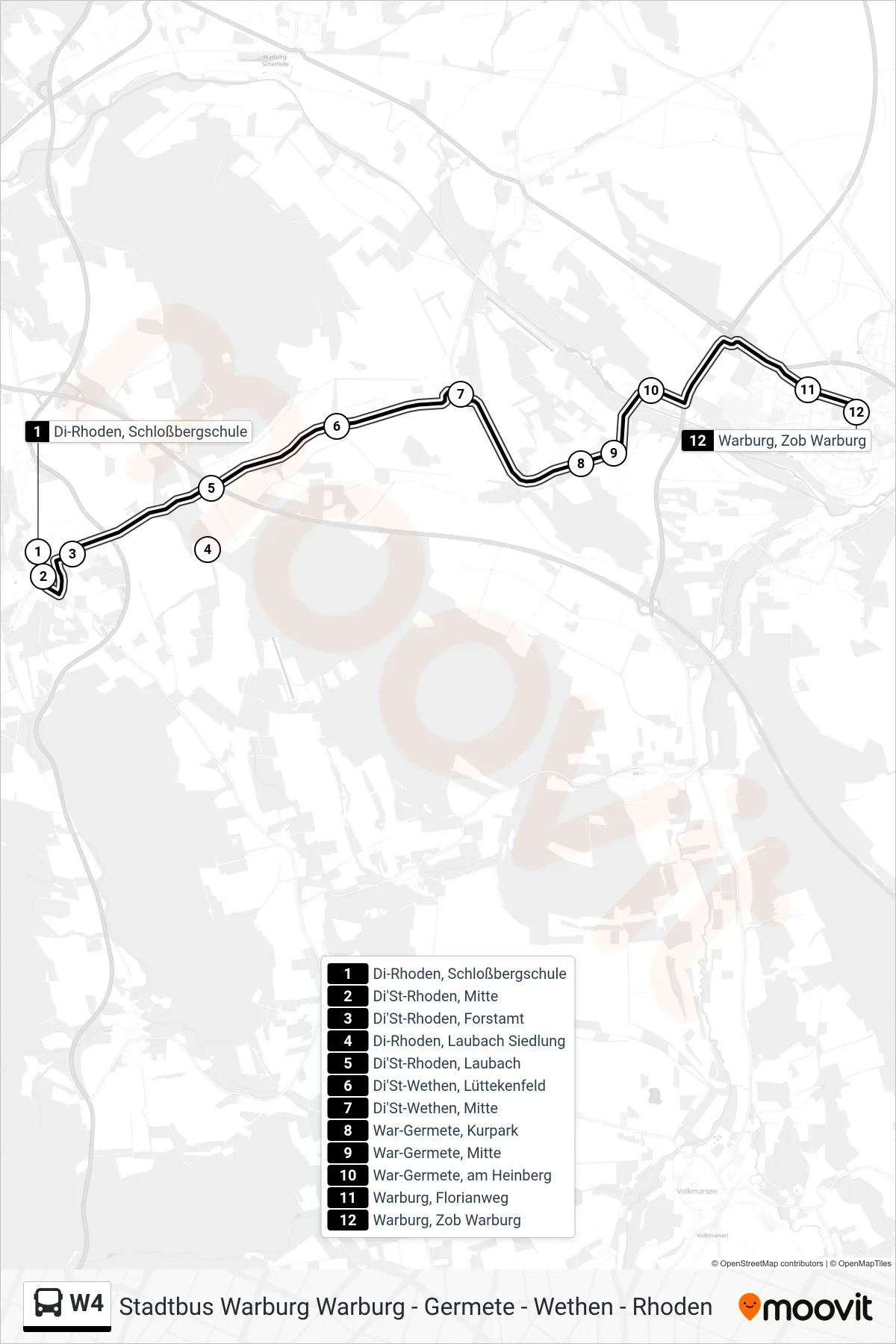 W4 bus Line (Warburg, Zob Warburg) route and stops on a map
