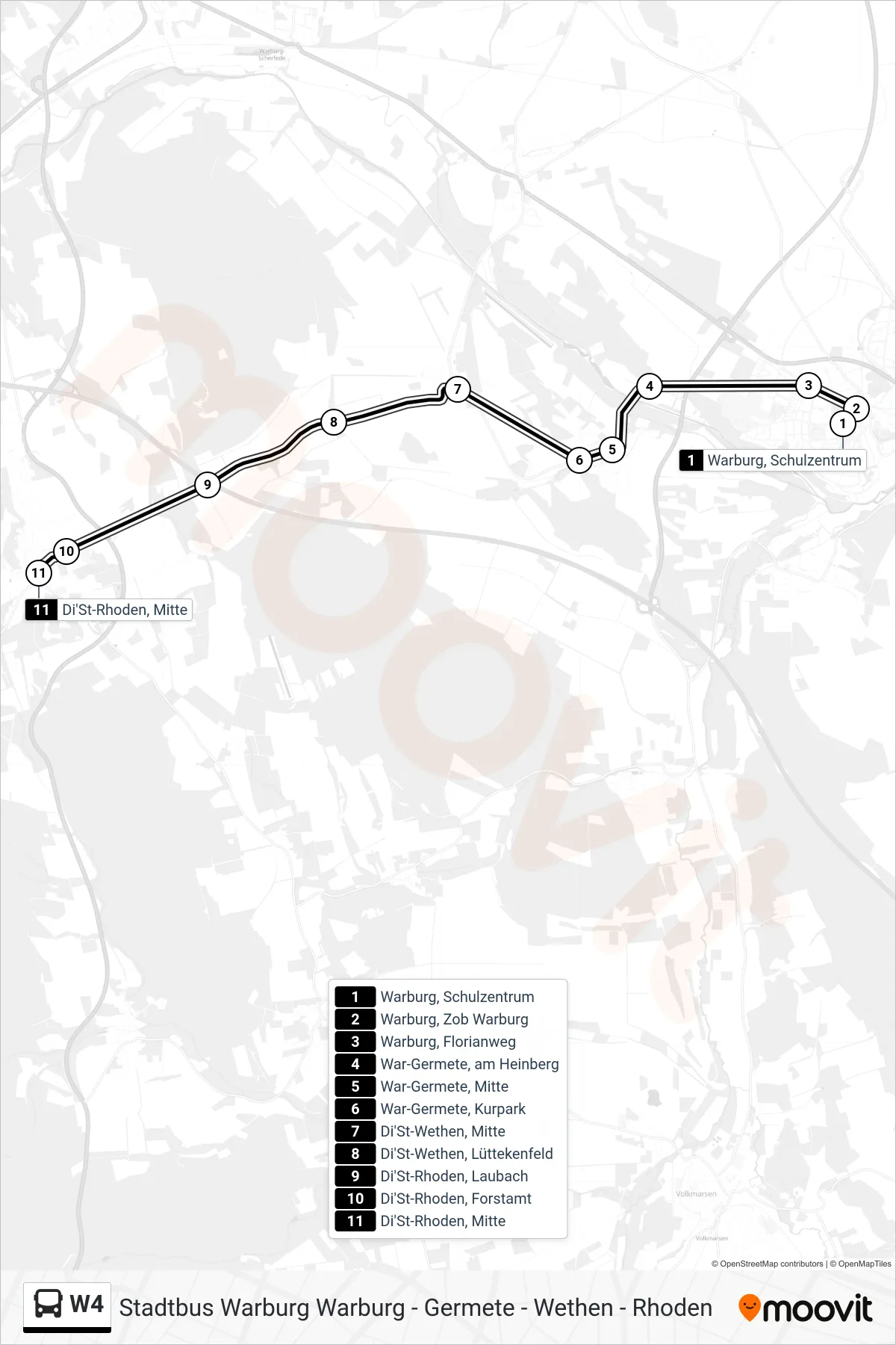 W4 bus Line (Di'St-Rhoden, Mitte) route and stops on a map