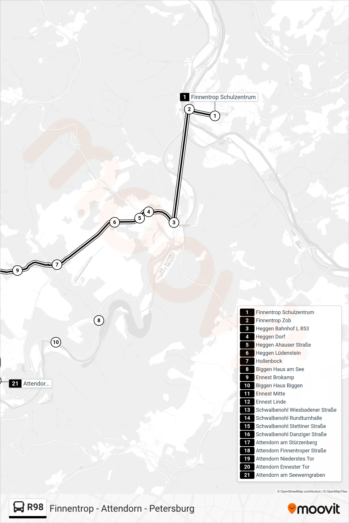 R98 bus Line (Attendorn am Seewerngraben) route and stops on a map