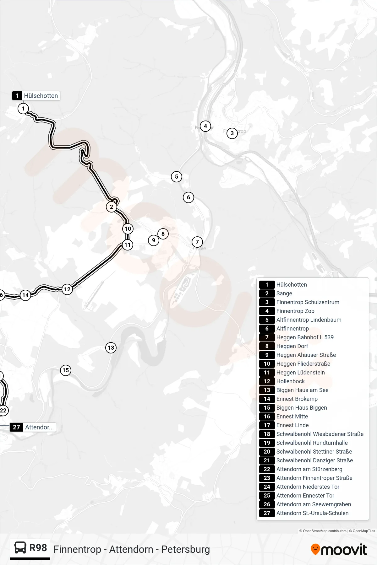 R98 bus Line (Attendorn St.-Ursula-Schulen) route and stops on a map