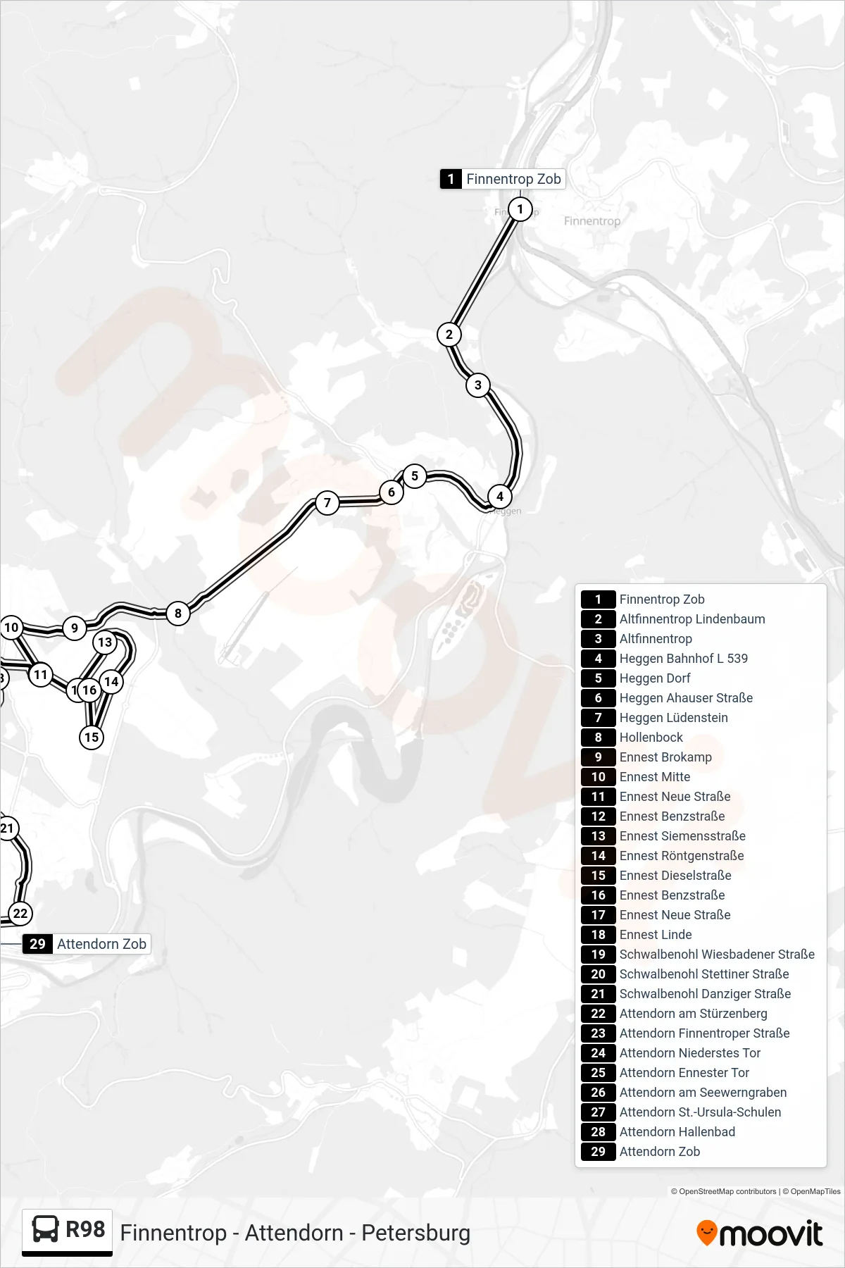 R98 bus Line (Attendorn Zob) route and stops on a map