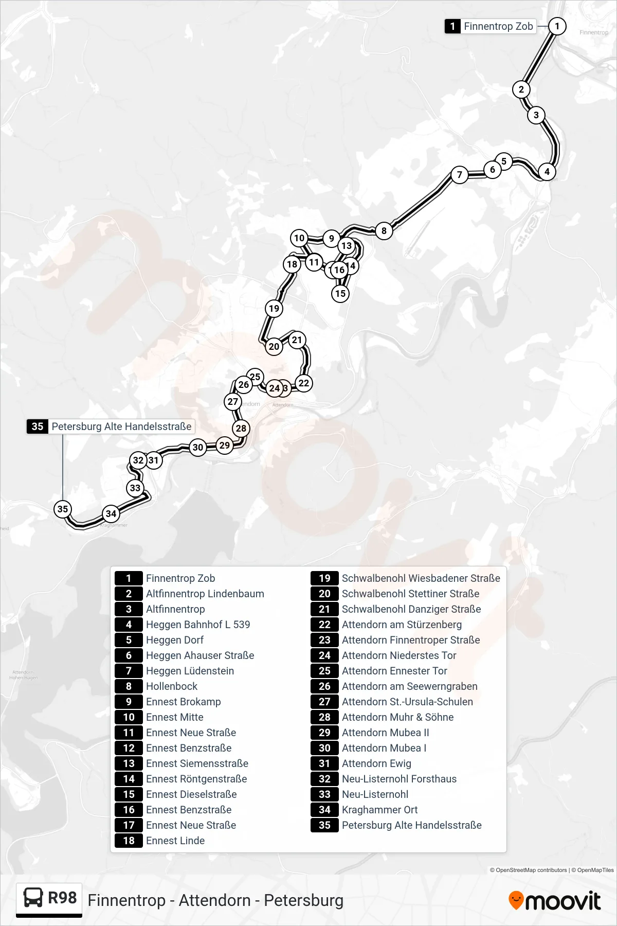 R98 bus Line (Petersburg Alte Handelsstraße) route and stops on a map