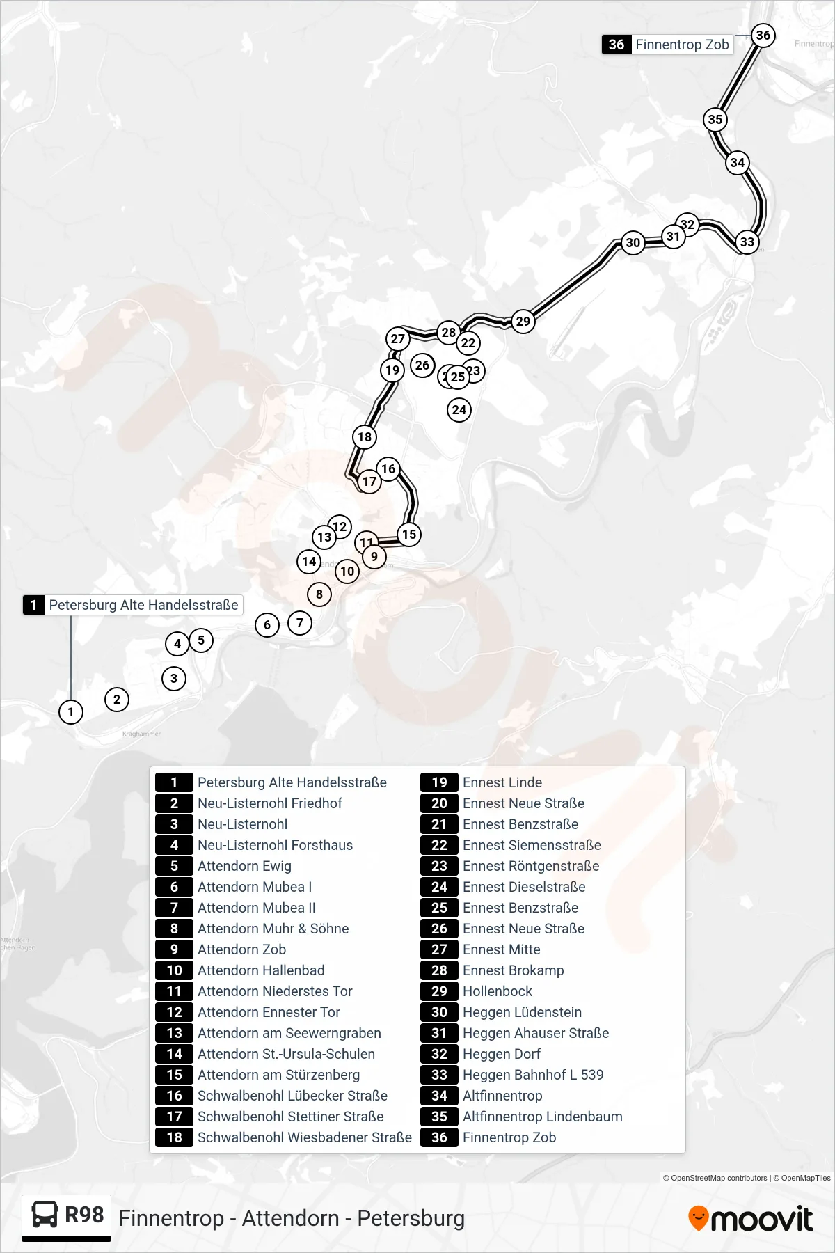 R98 bus Line (Finnentrop Zob Bstg 1) route and stops on a map