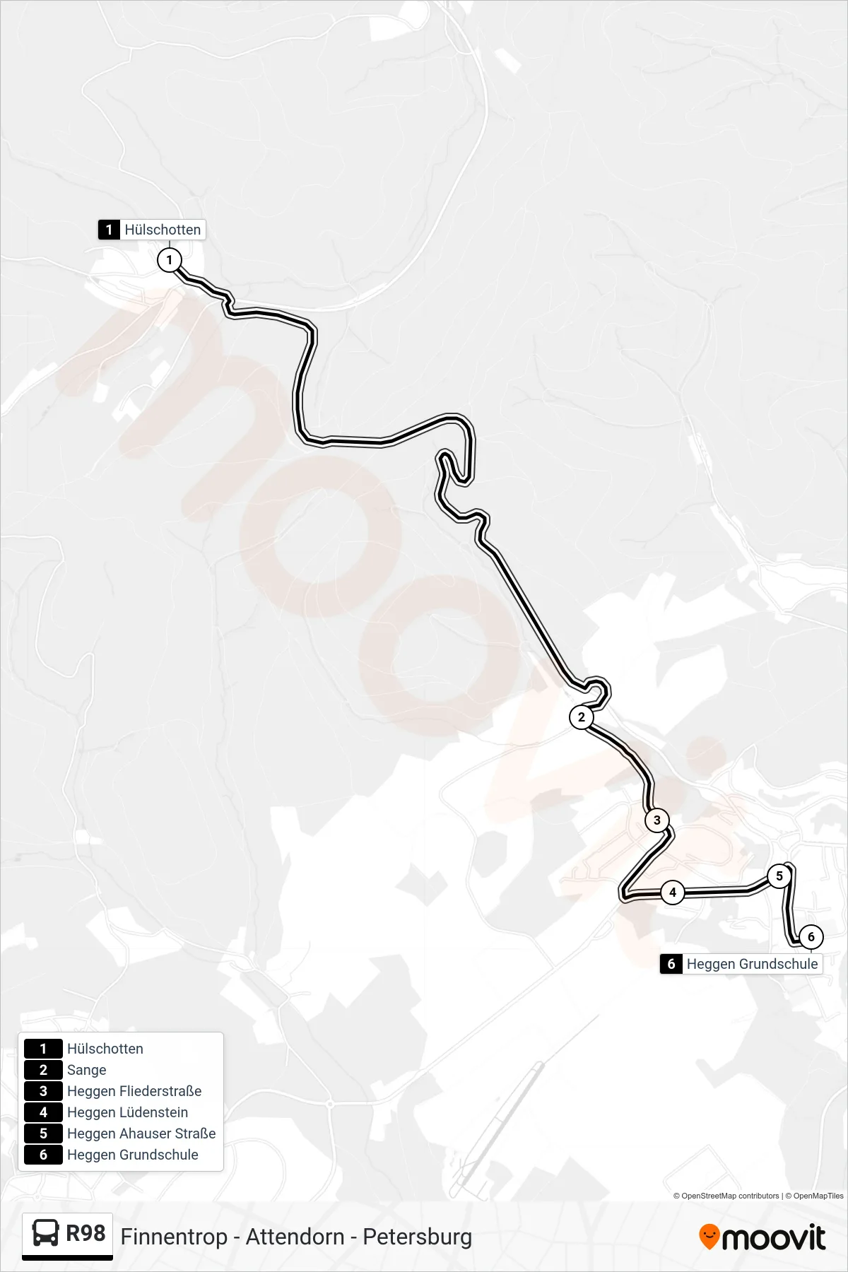 R98 bus Line (Heggen Grundschule) route and stops on a map
