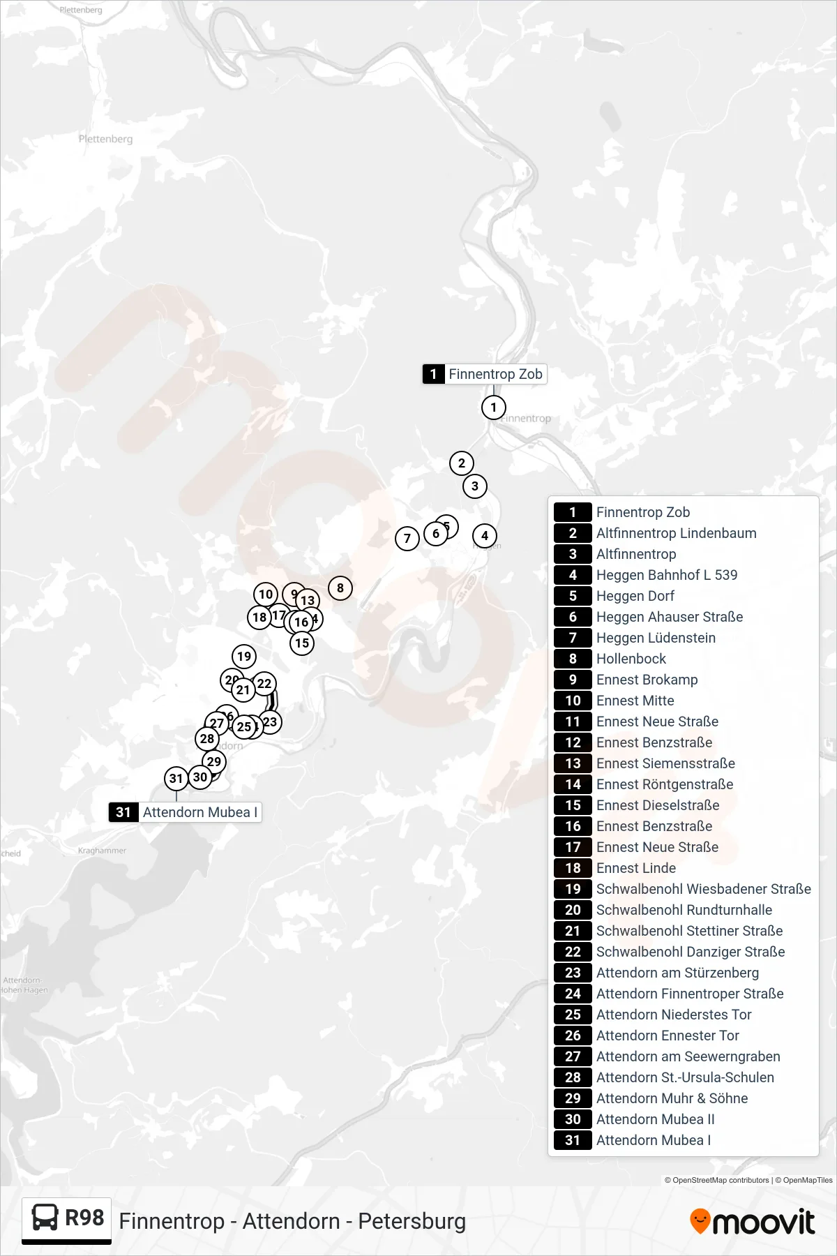 Linie R98 (Bus) Richtung Attendorn Mubea I: Route und Haltestellen auf der Karte