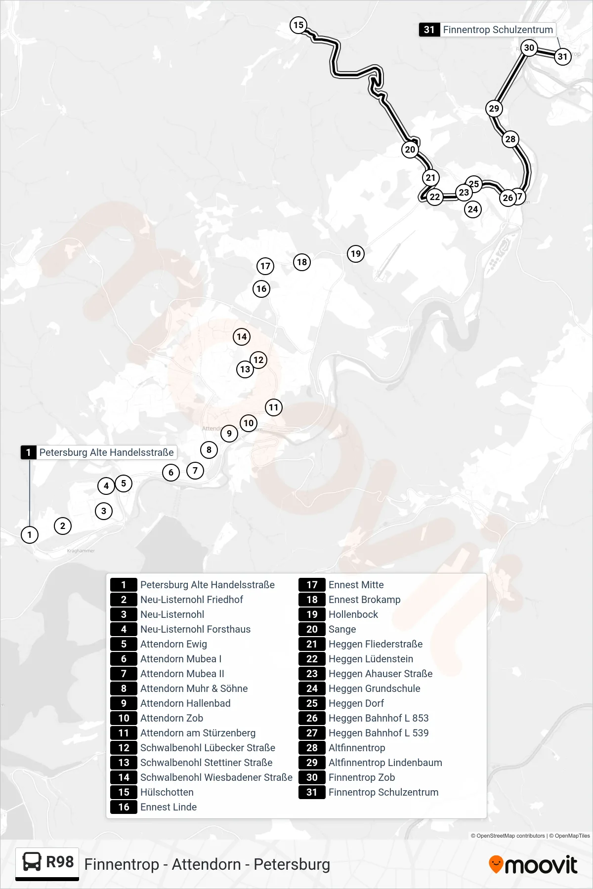 R98 bus Line (Finnentrop Schulzentrum) route and stops on a map