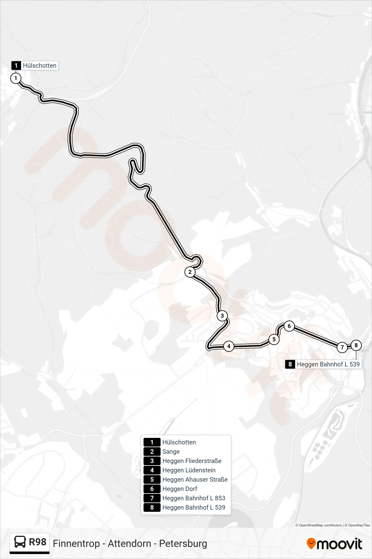 R98 bus Line (Heggen Bahnhof L 539) route and stops on a map