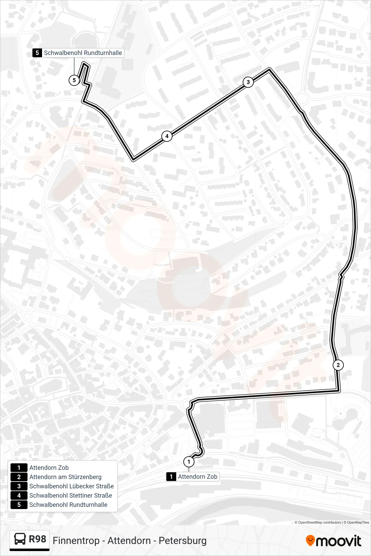 R98 bus Line (Schwalbenohl Rundturnhalle) route and stops on a map