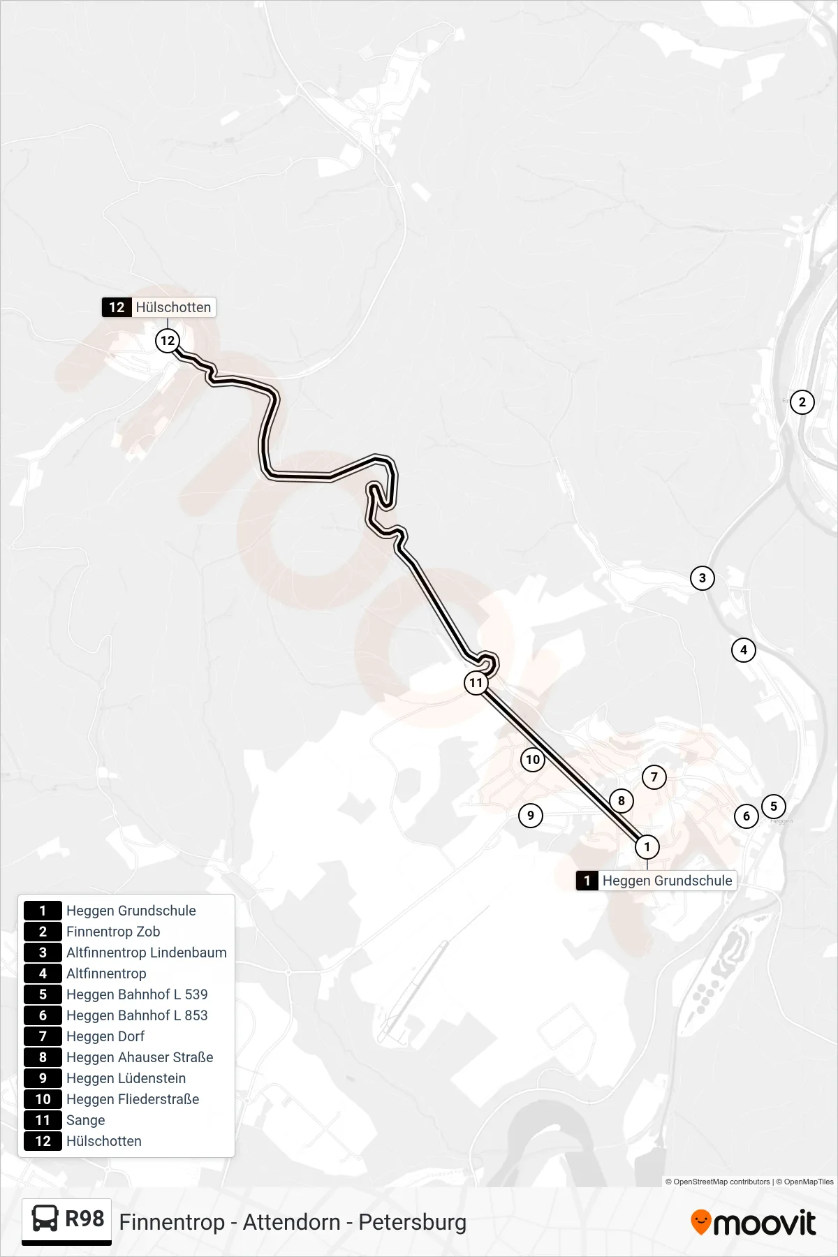 R98 bus Line (Hülschotten) route and stops on a map