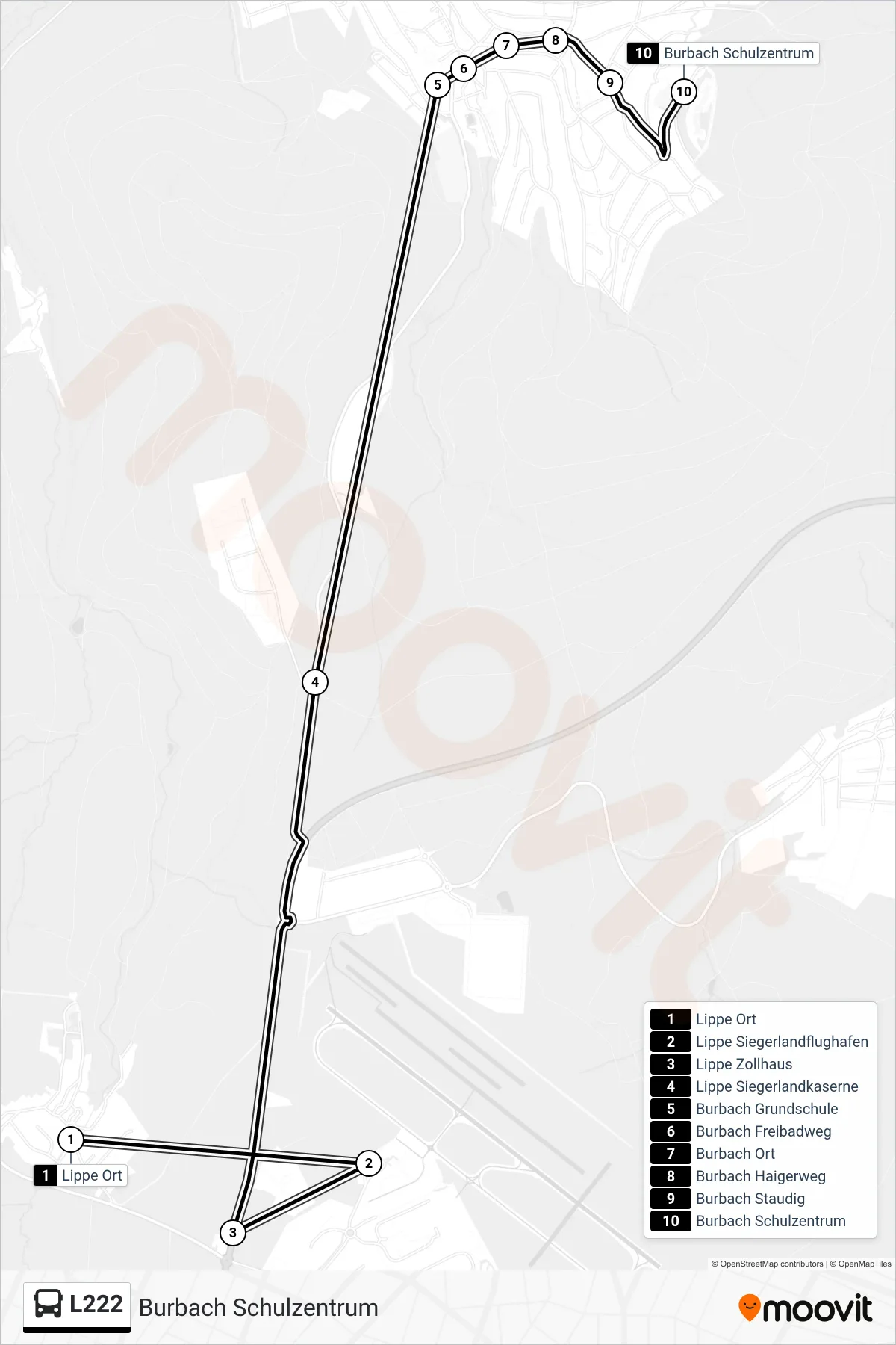 L222 bus Line (Burbach Schulzentrum) route and stops on a map