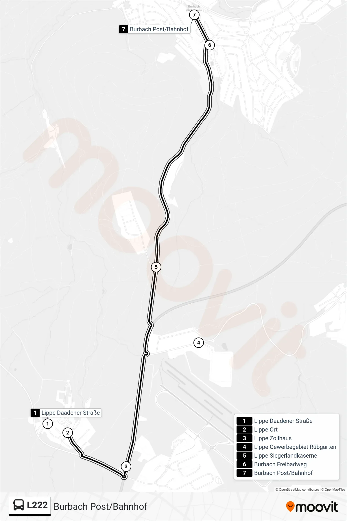 L222 bus Line (Burbach Post/Bahnhof) route and stops on a map
