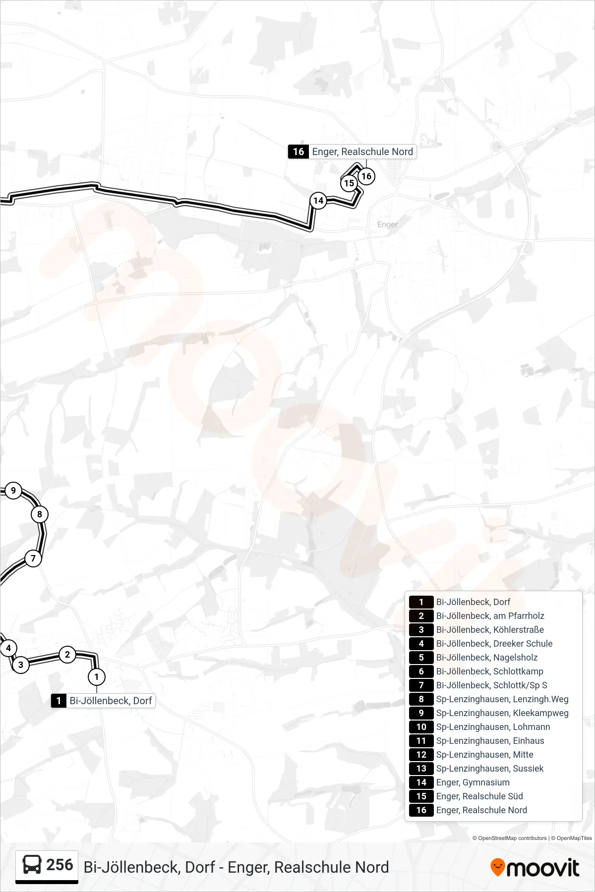 256 bus Line (Enger, Realschule Nord) route and stops on a map