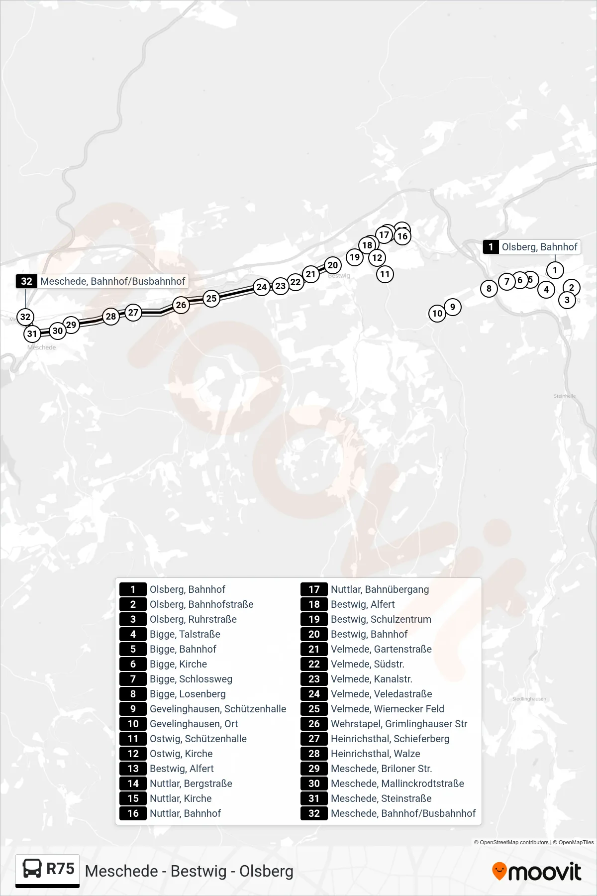 R75 bus Line (Meschede Bf.) route and stops on a map