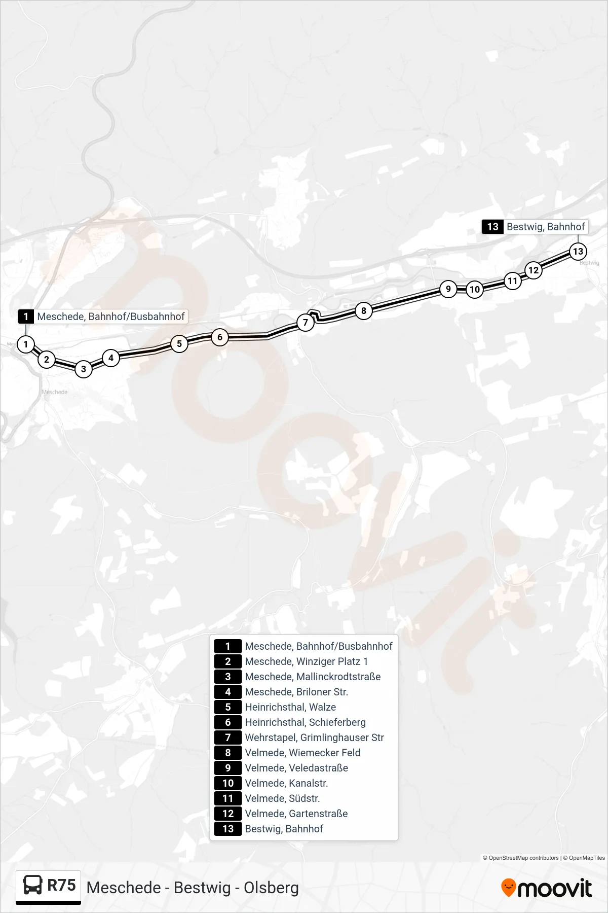 R75 bus Line (Bestwig) route and stops on a map