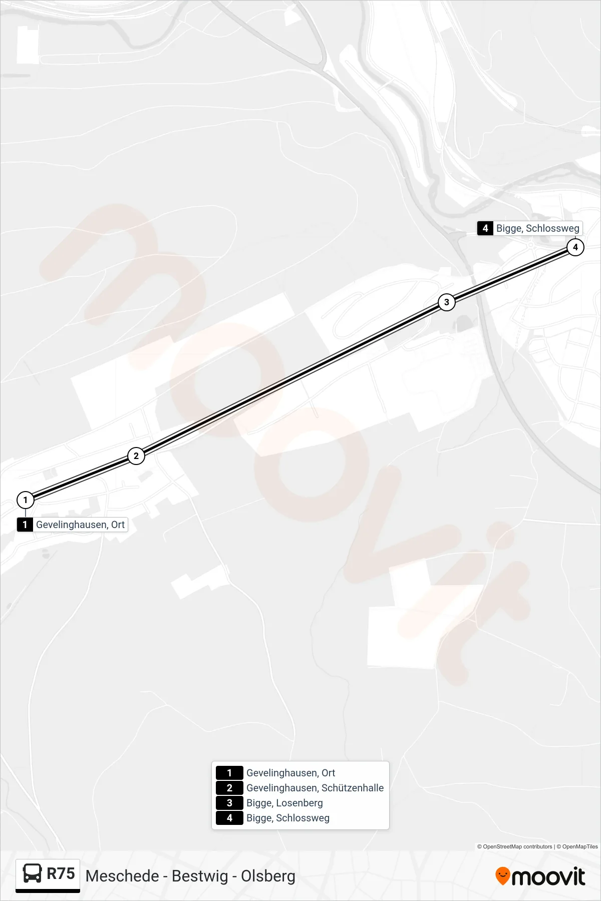R75 bus Line (Bigge, Schlossweg) route and stops on a map