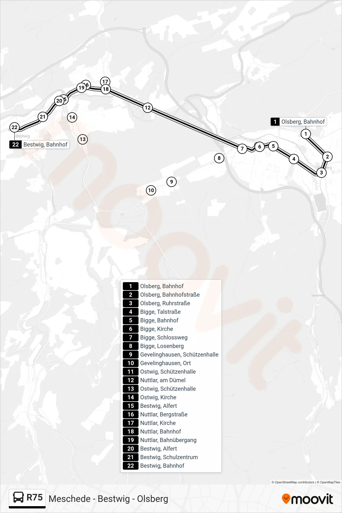 R75 bus Line (Bestwig) route and stops on a map