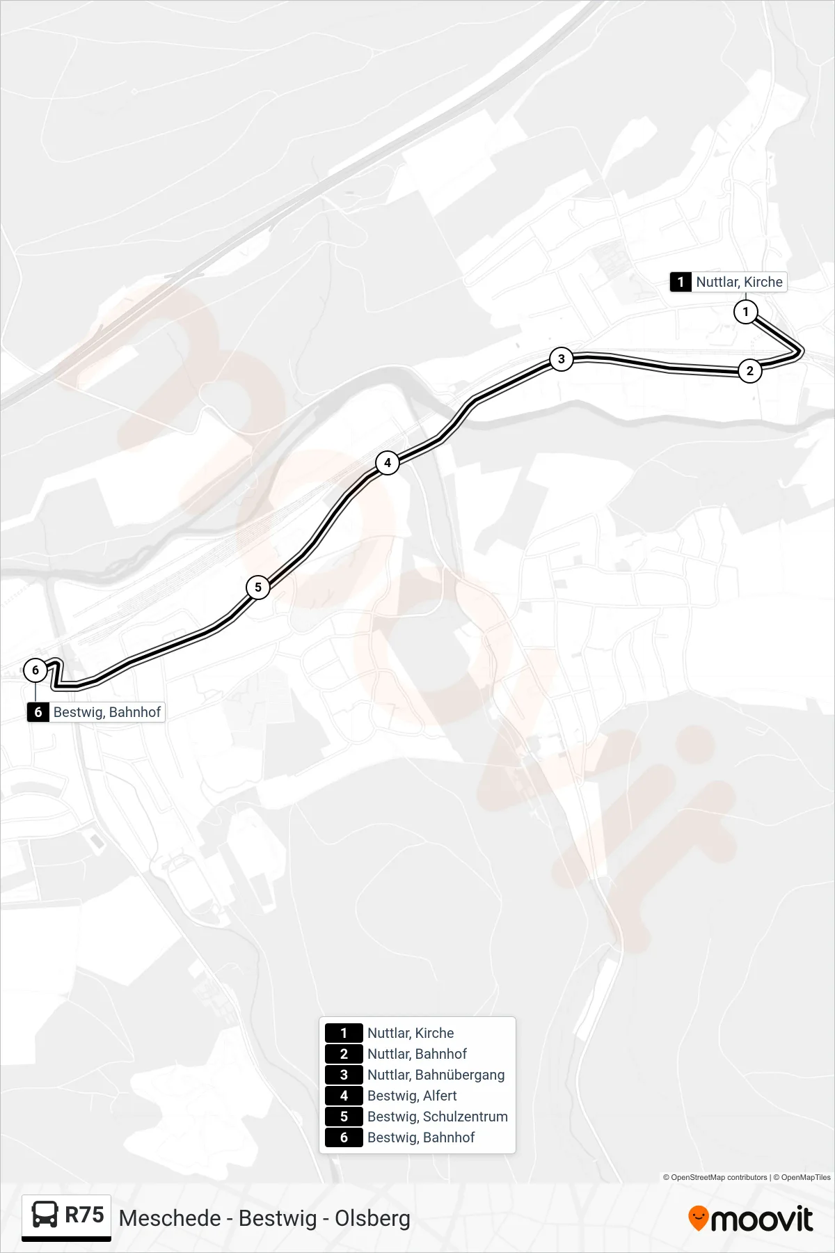 Linie R75 (Bus) Richtung Bestwig, Bahnhof: Route und Haltestellen auf der Karte