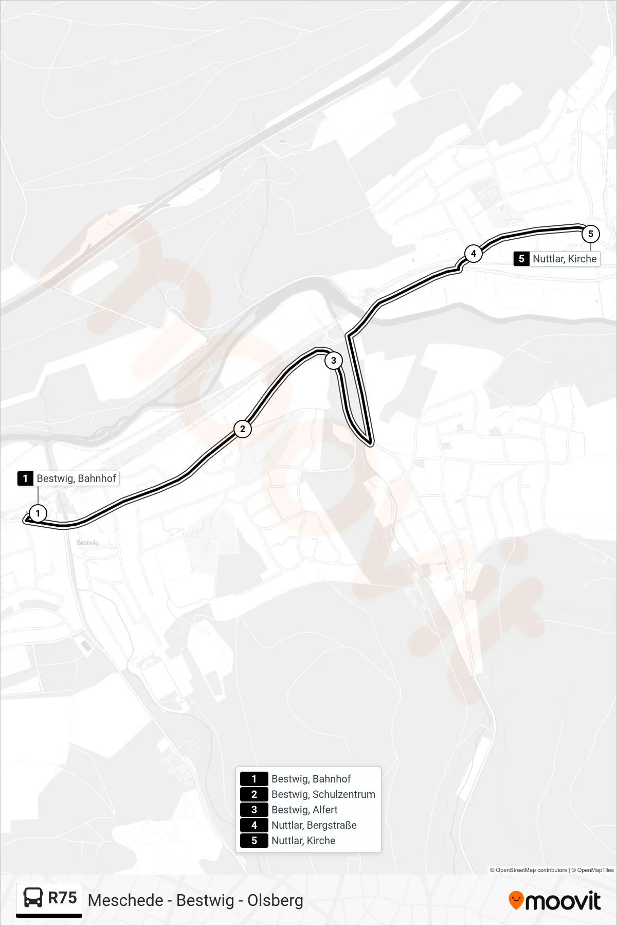 R75 bus Line (Nuttlar, Kirche) route and stops on a map