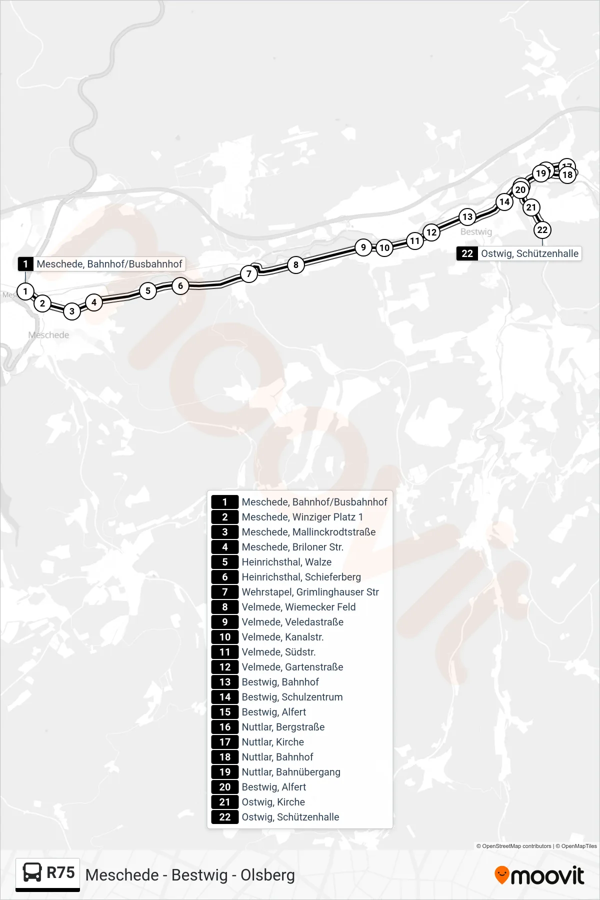 R75 bus Line (Ostwig, Schützenhalle) route and stops on a map
