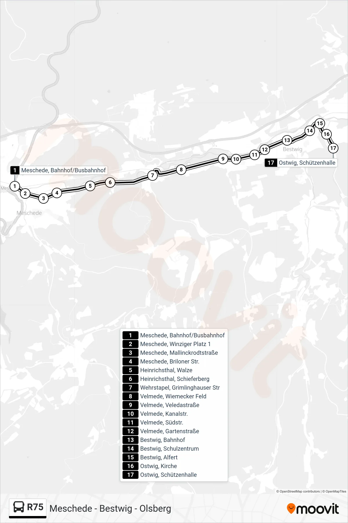 R75 bus Line (Ostwig) route and stops on a map