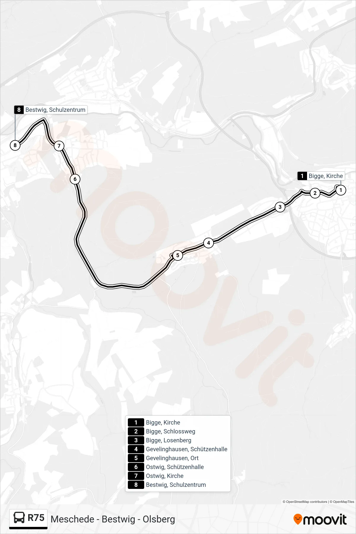 R75 bus Line (Bestwig, Schulzentrum) route and stops on a map