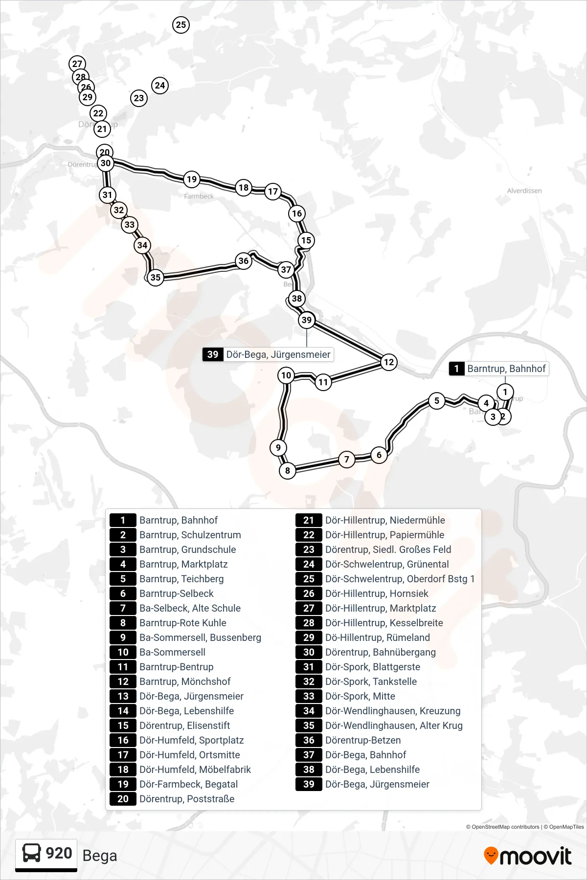 Linie 920 (Bus) Richtung Bega: Route und Haltestellen auf der Karte