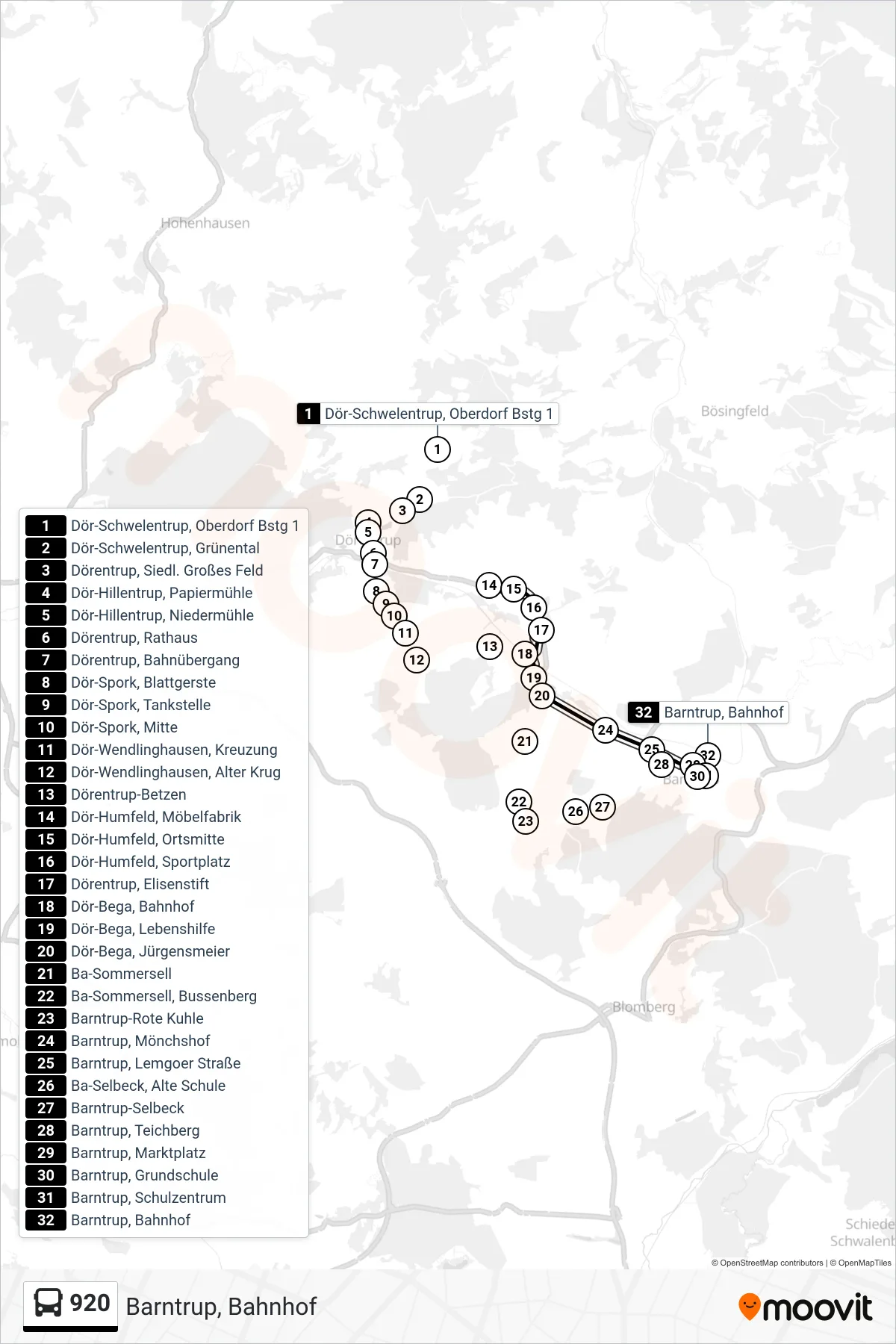 920 bus Line (Barntrup, Bahnhof) route and stops on a map