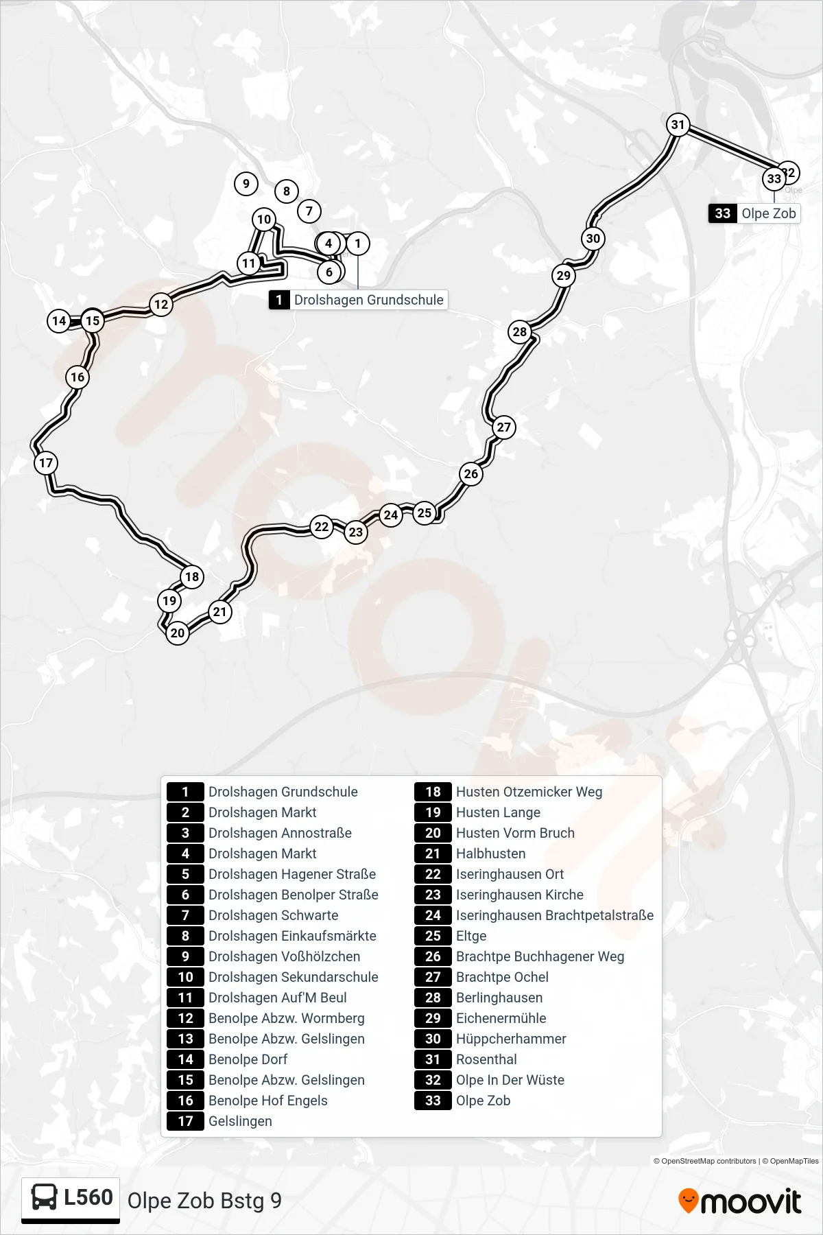 L560 bus Line (Olpe Zob Bstg 9) route and stops on a map
