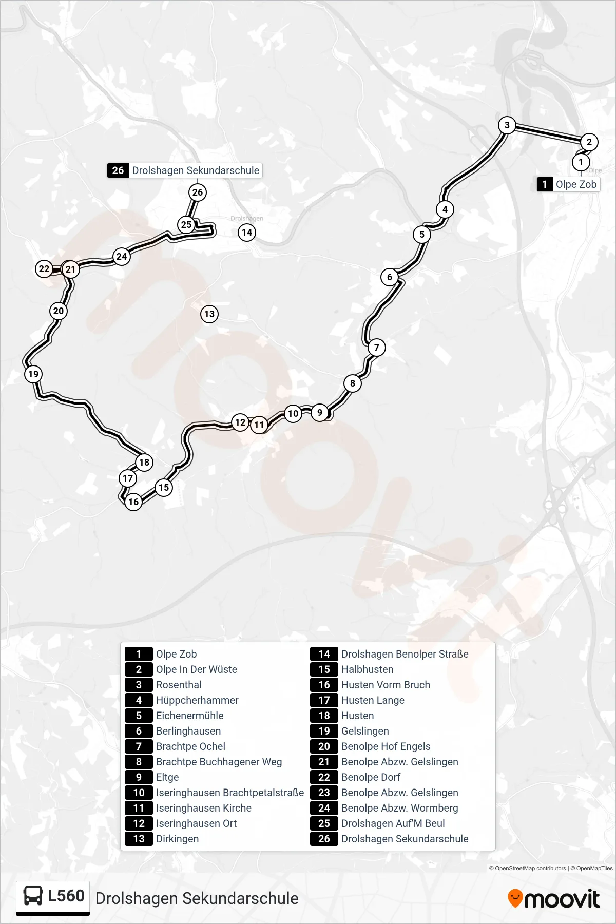 L560 bus Line (Drolshagen Sekundarschule) route and stops on a map
