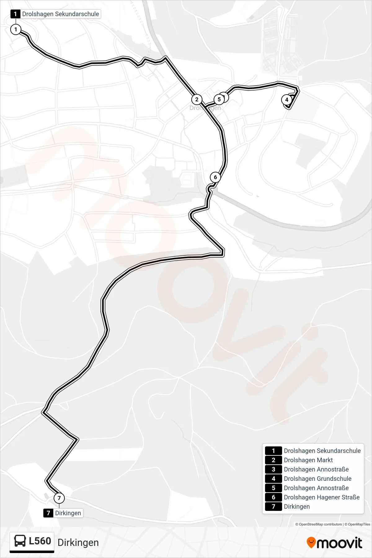 L560 bus Line (Dirkingen) route and stops on a map