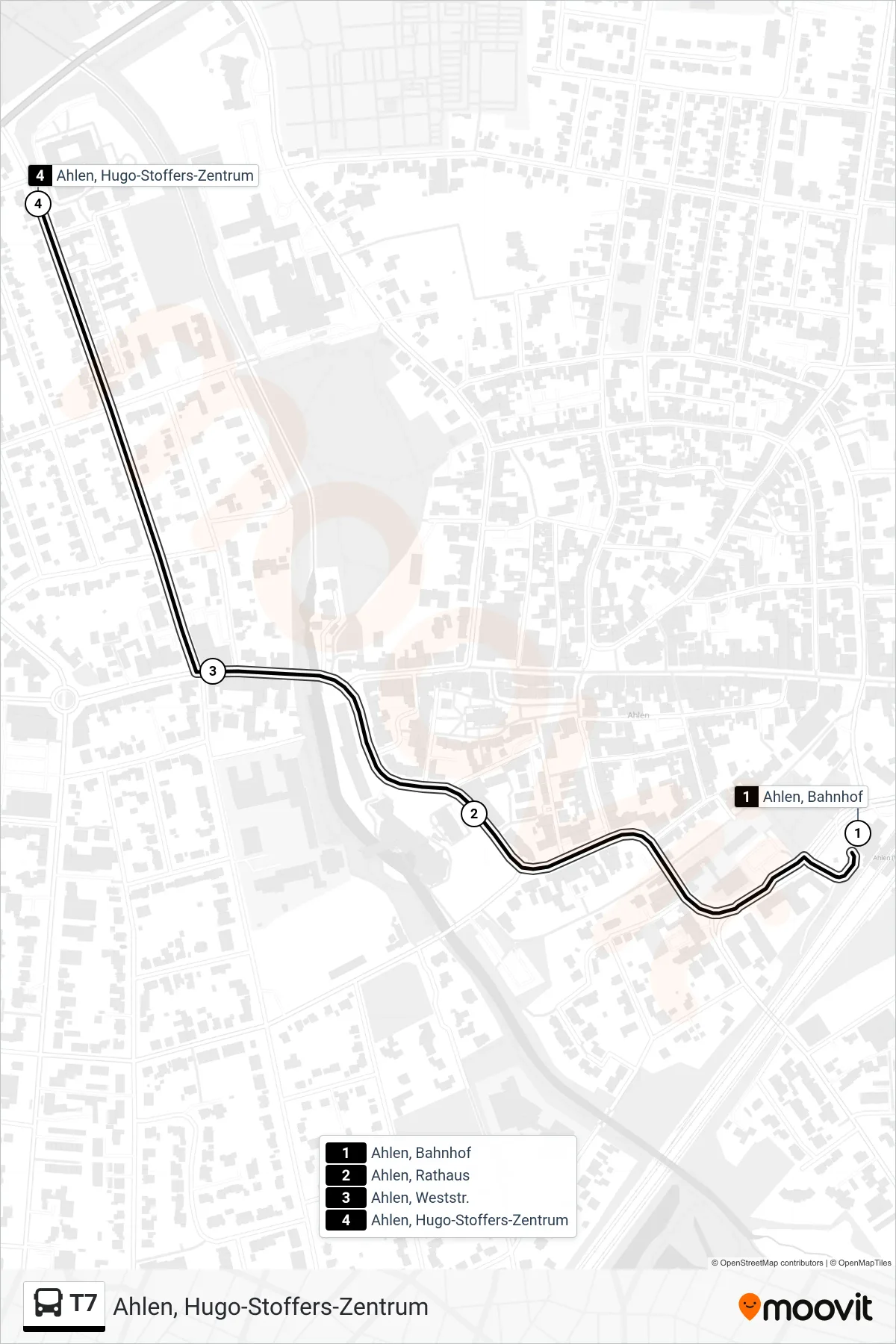 T7 bus Line (Ahlen, Hugo-Stoffers-Zentrum) route and stops on a map