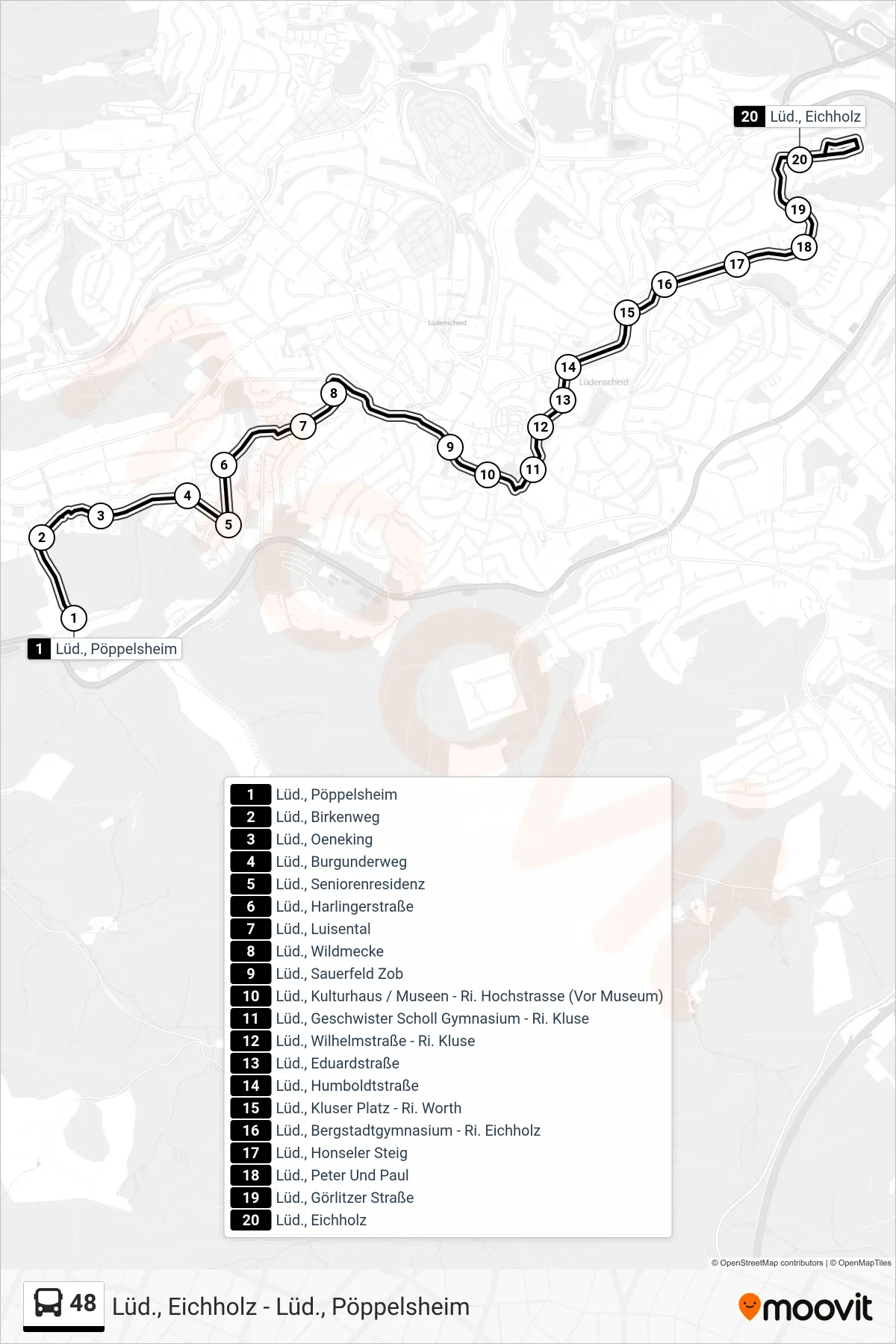 48 bus Line (Lüd., Eichholz) route and stops on a map