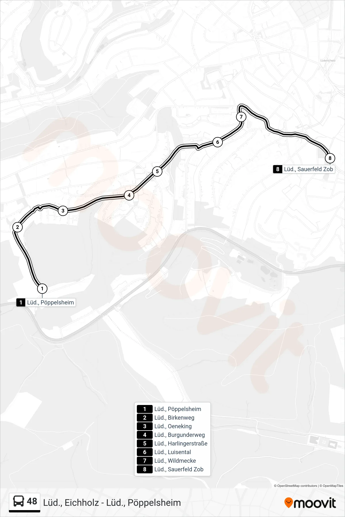 48 bus Line (Lüd., Sauerfeld Zob - Steig 2c) route and stops on a map