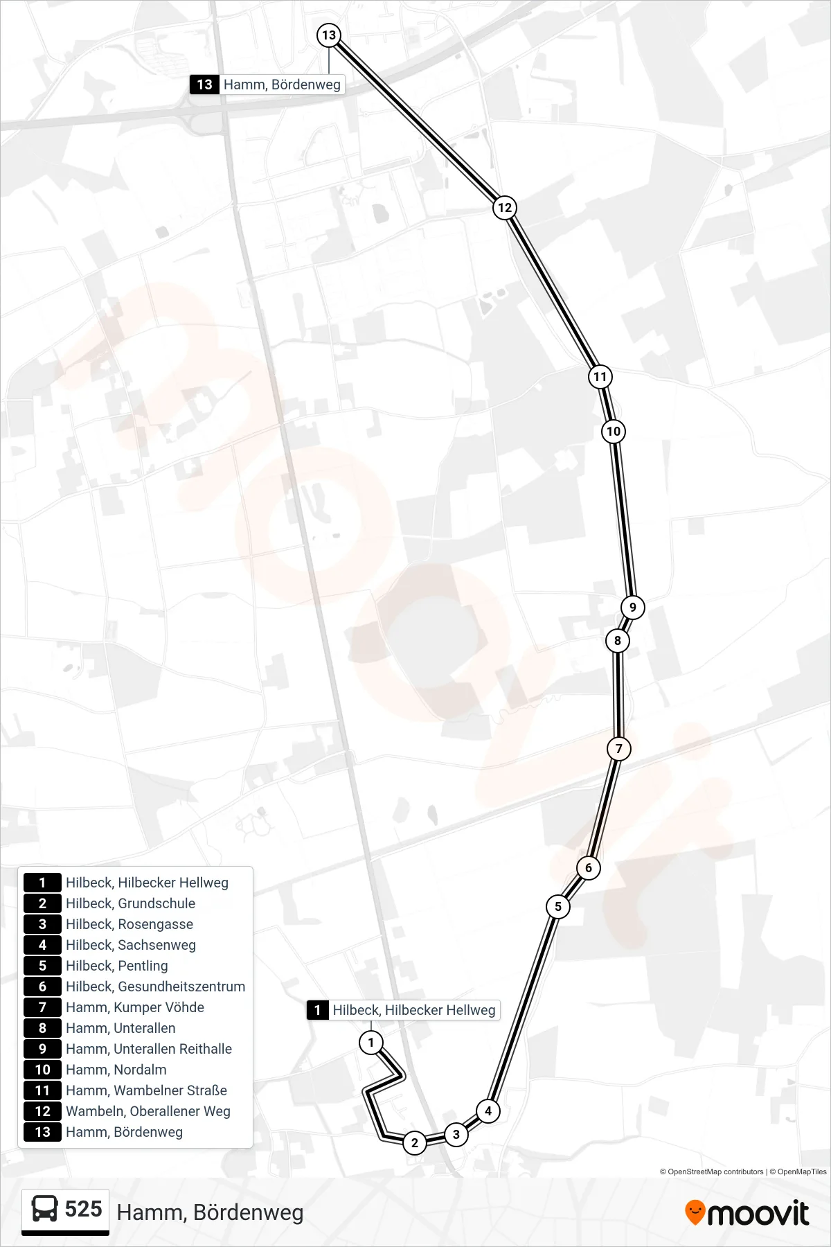 Linie 525 (Bus) Richtung Hamm, Bördenweg: Route und Haltestellen auf der Karte