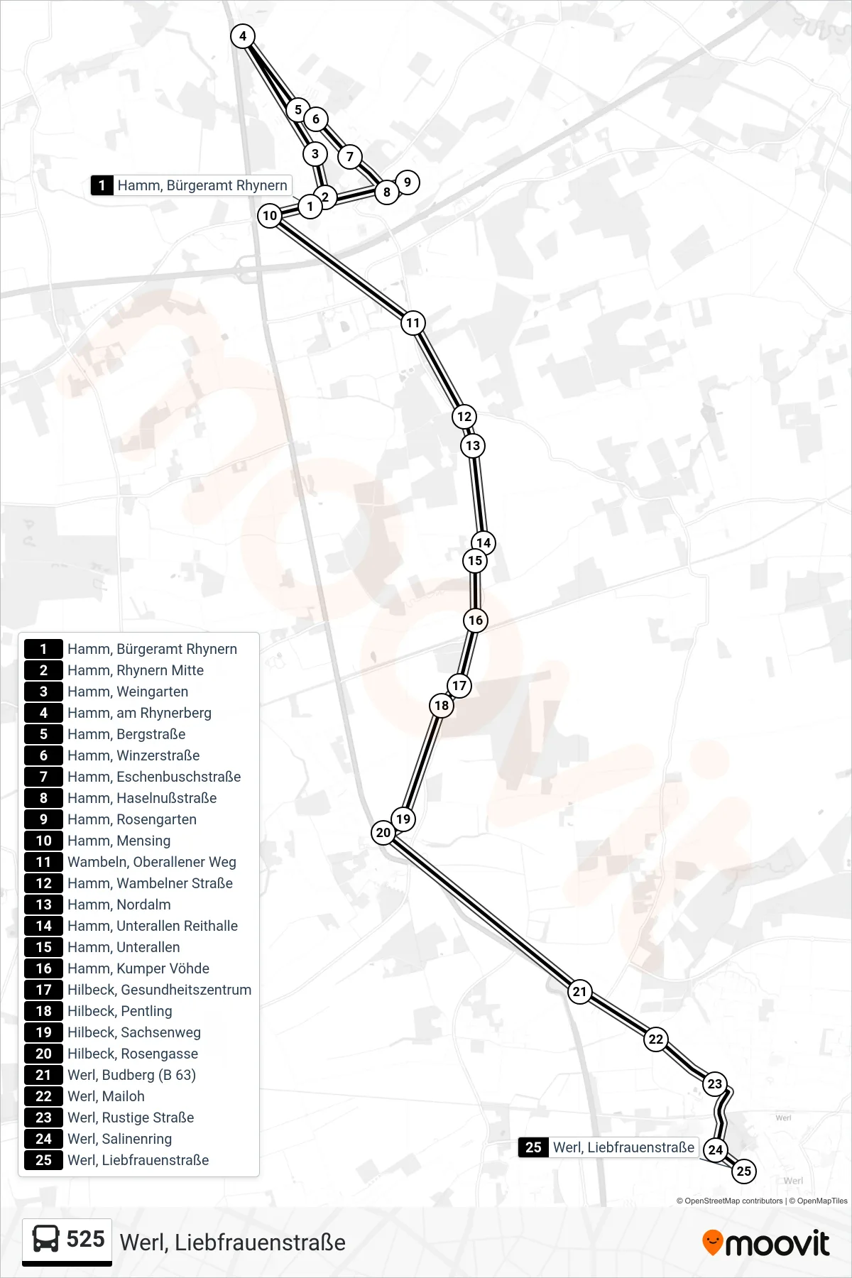 525 bus Line (Werl, Liebfrauenstraße) route and stops on a map