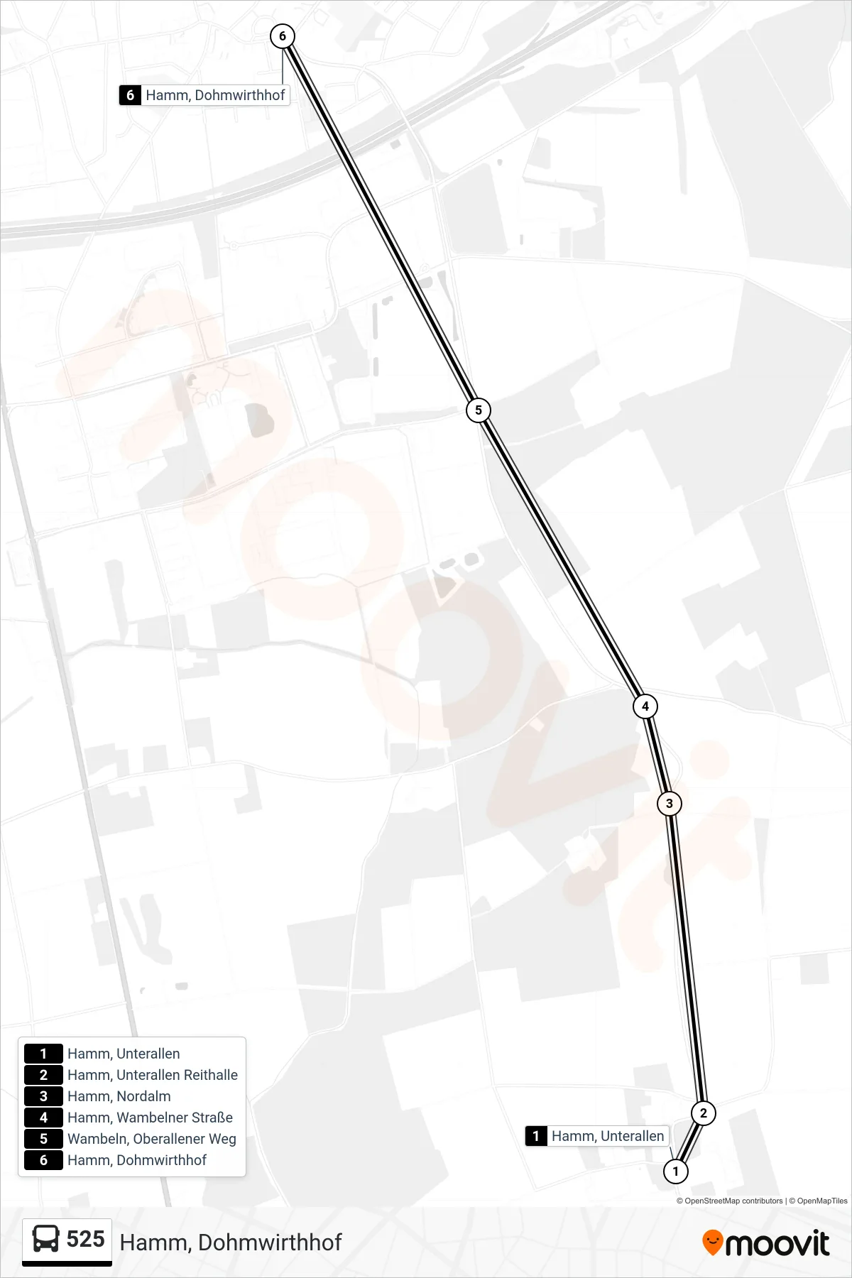 525 bus Line (Hamm, Dohmwirthhof) route and stops on a map