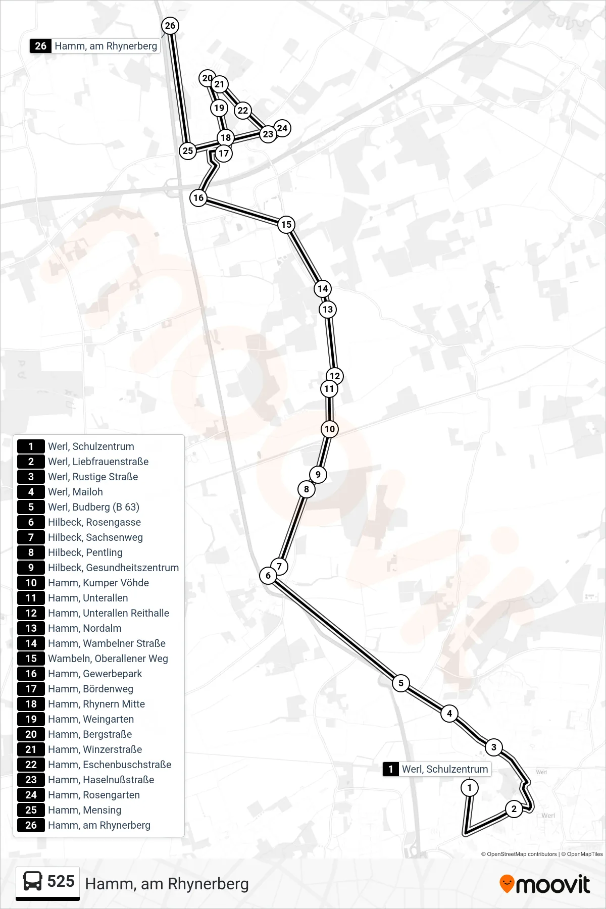 Linie 525 (Bus) Richtung Hamm, am Rhynerberg: Route und Haltestellen auf der Karte