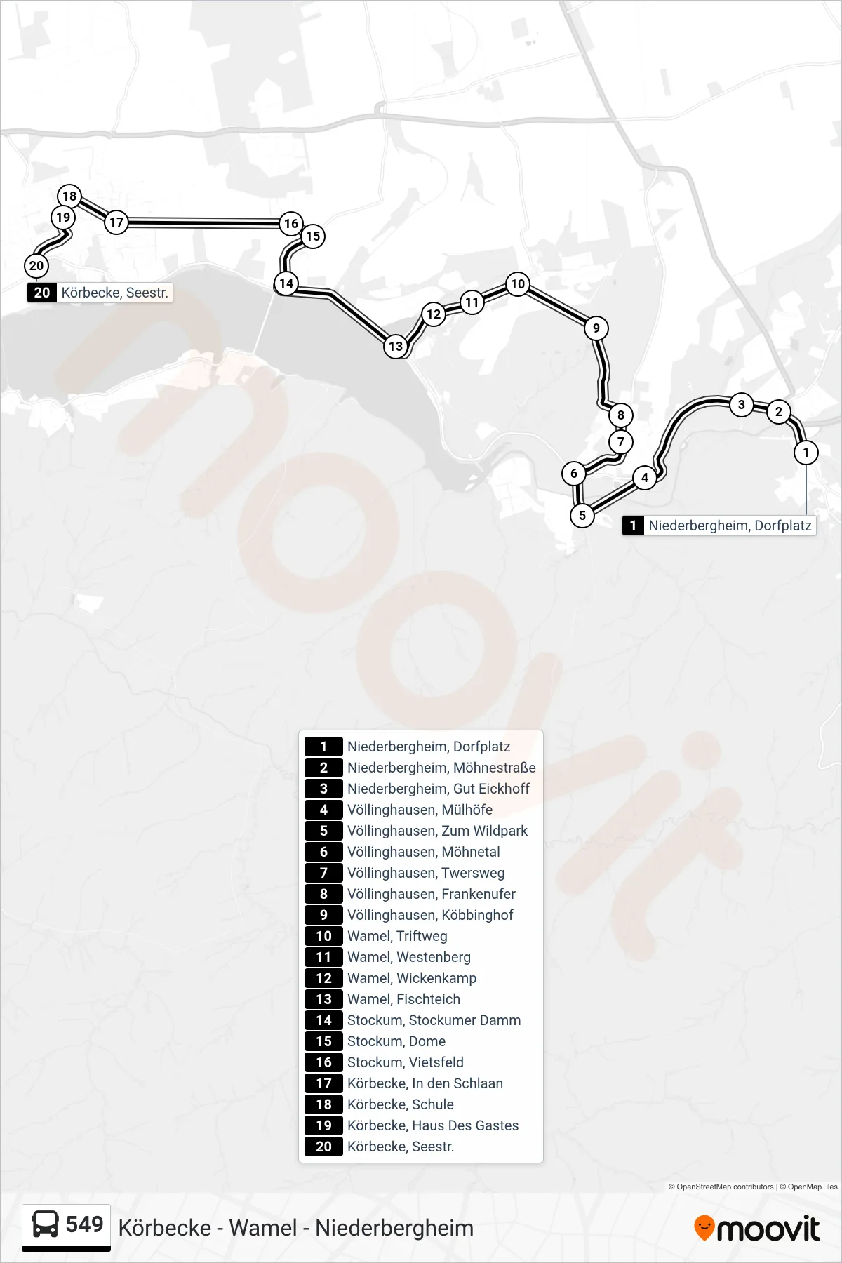 549 bus Line (Körbecke, Seestr.) route and stops on a map