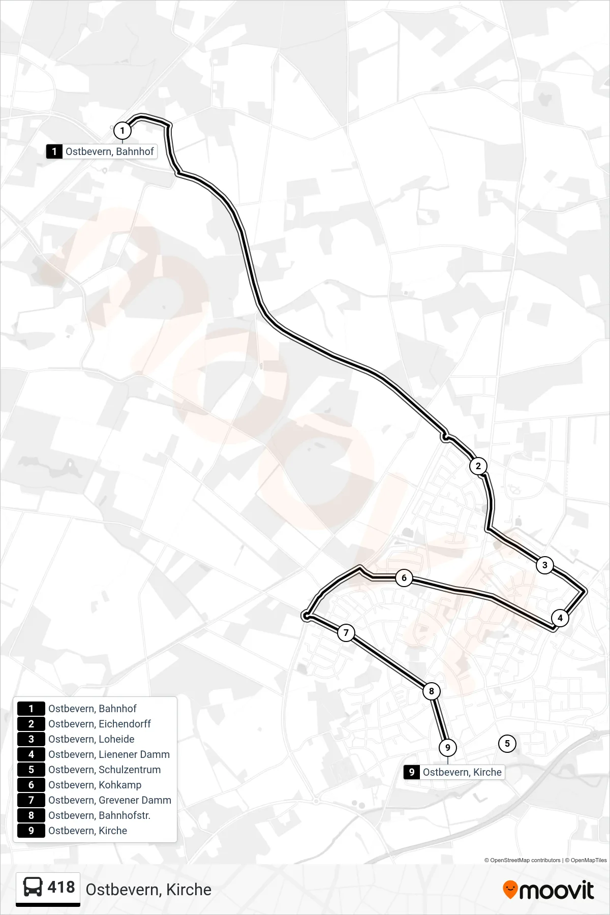 418 tram Line (Ostbevern, Kirche) route and stops on a map