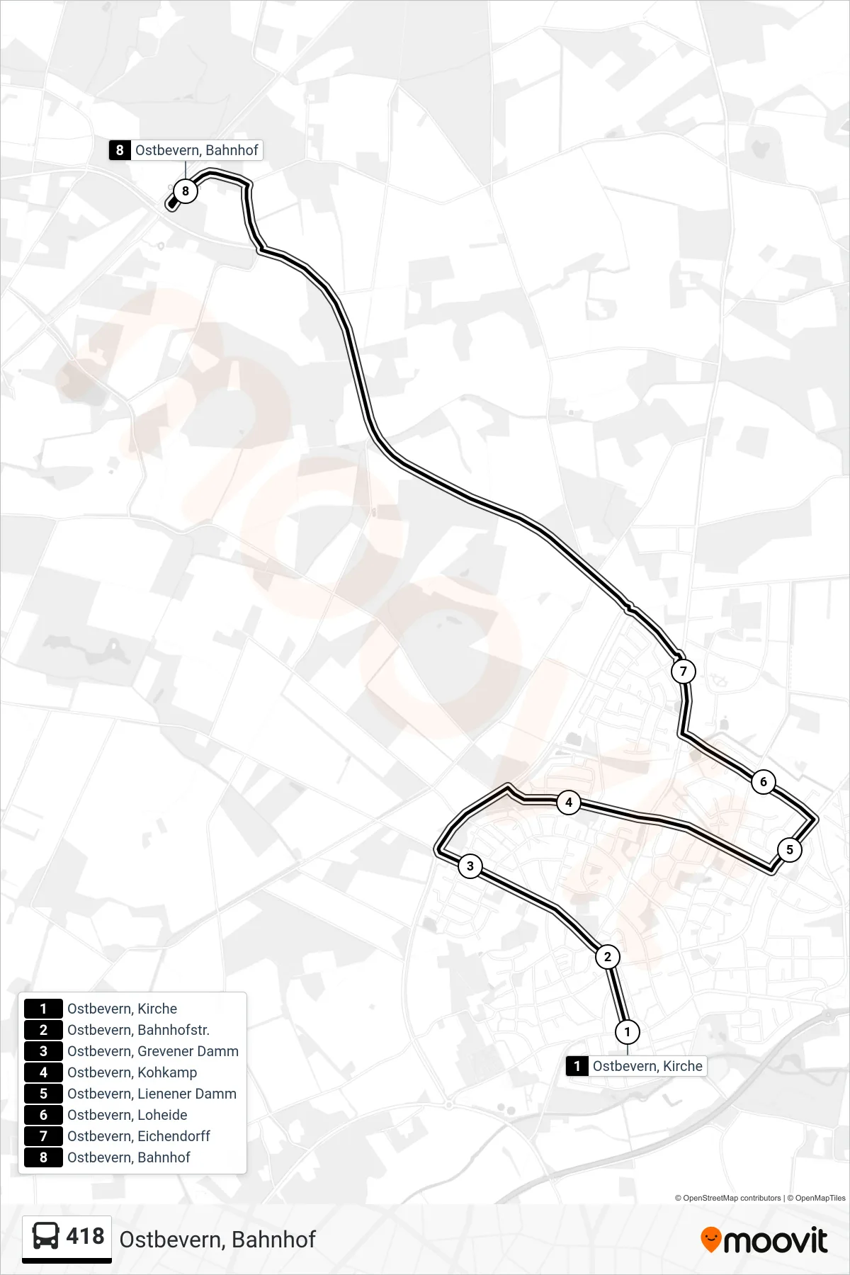 418 tram Line (Ostbevern, Bahnhof) route and stops on a map