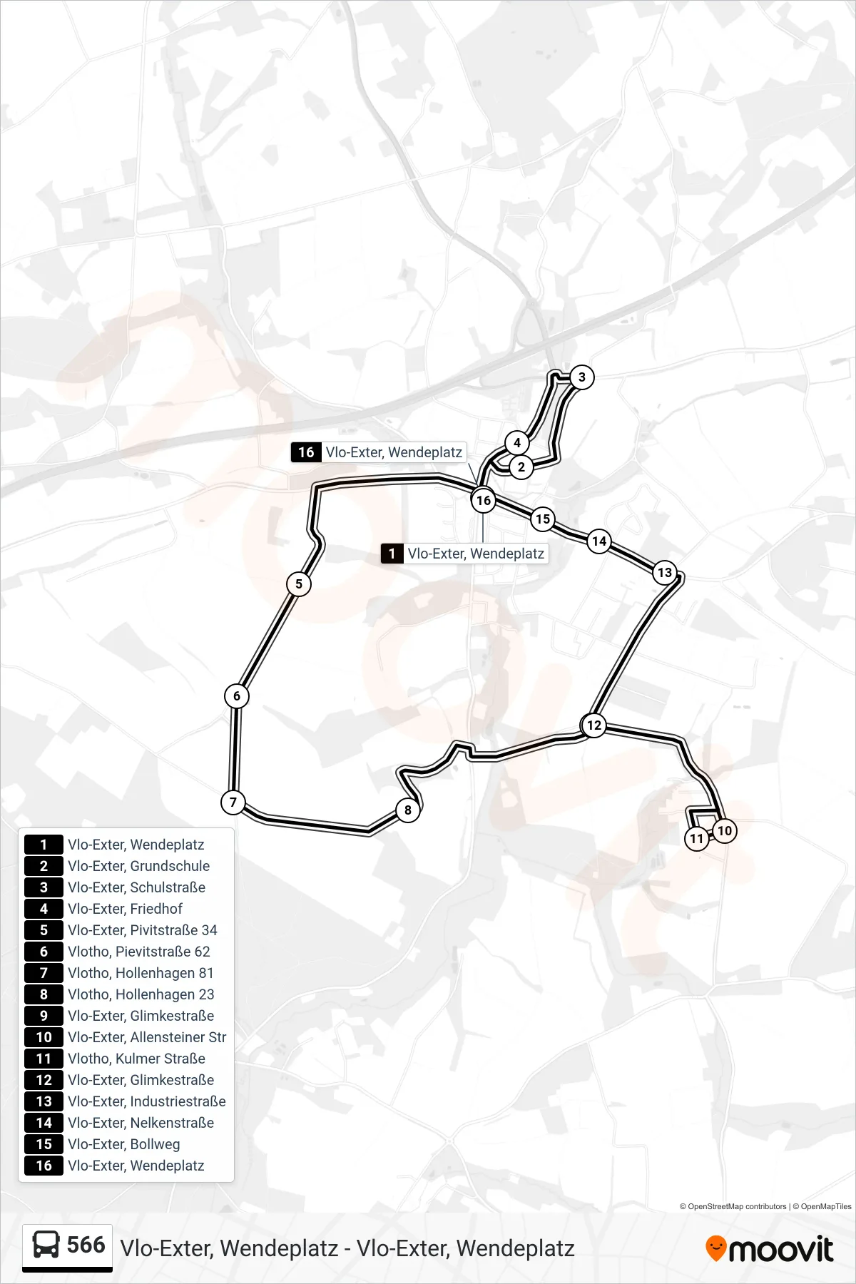 566 bus Line (Hollenhagen - Kulmer Straße) route and stops on a map