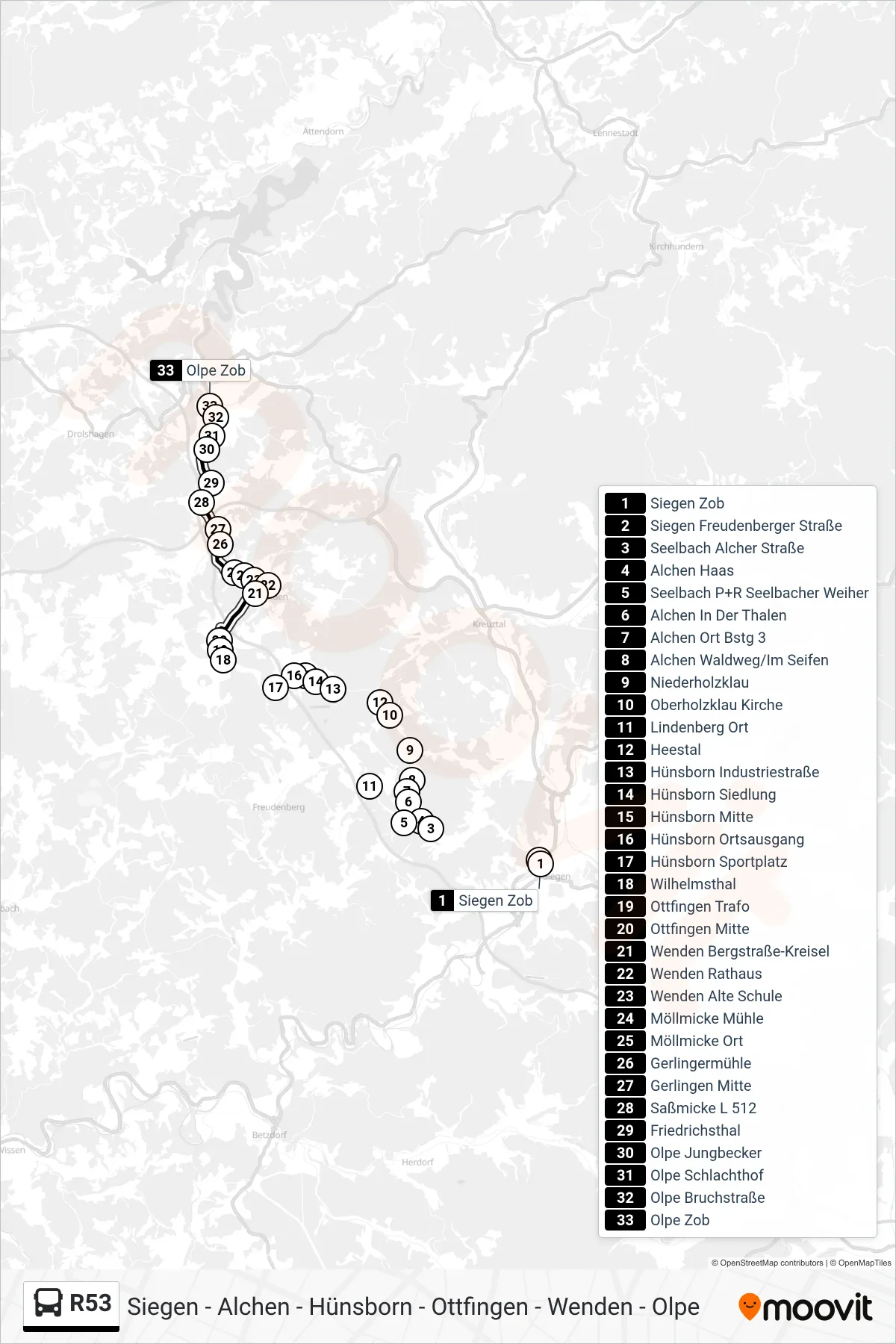 R53 bus Line (Olpe Zob Bstg 10) route and stops on a map